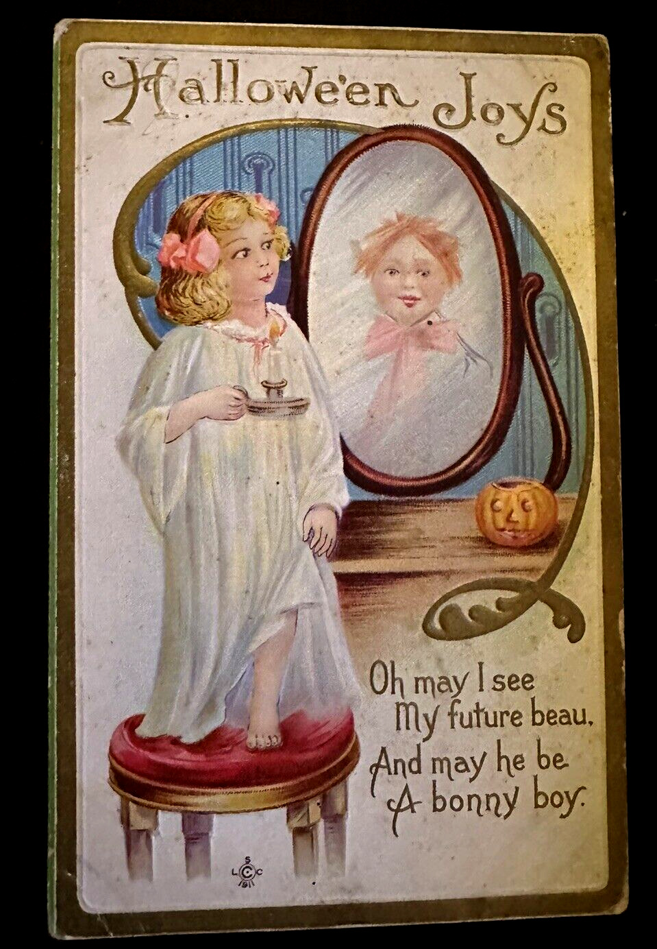 Halloween Joys~Girl Holds Candle To Mirror~Sees Boy~Antique 1911 Postcard~h603