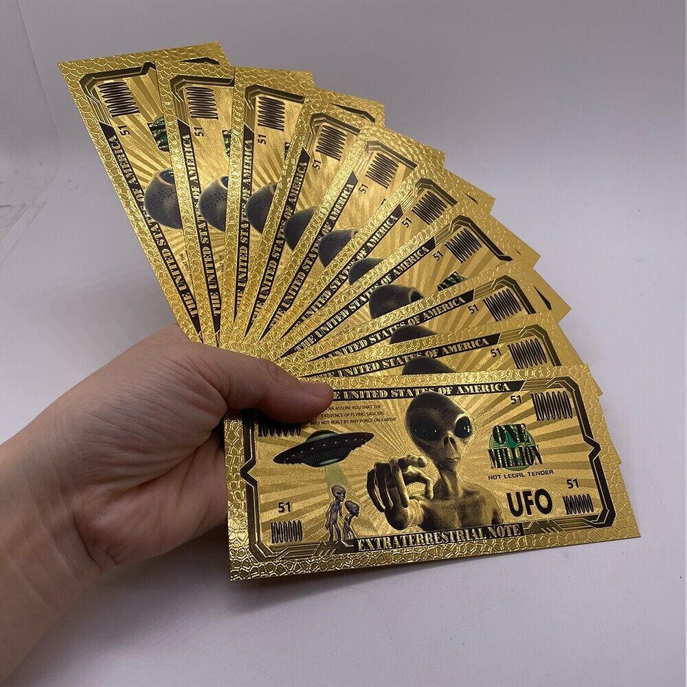 10PCS UFO Gold Foil Banknote One Million Dollars Alien Golden Cards Collection