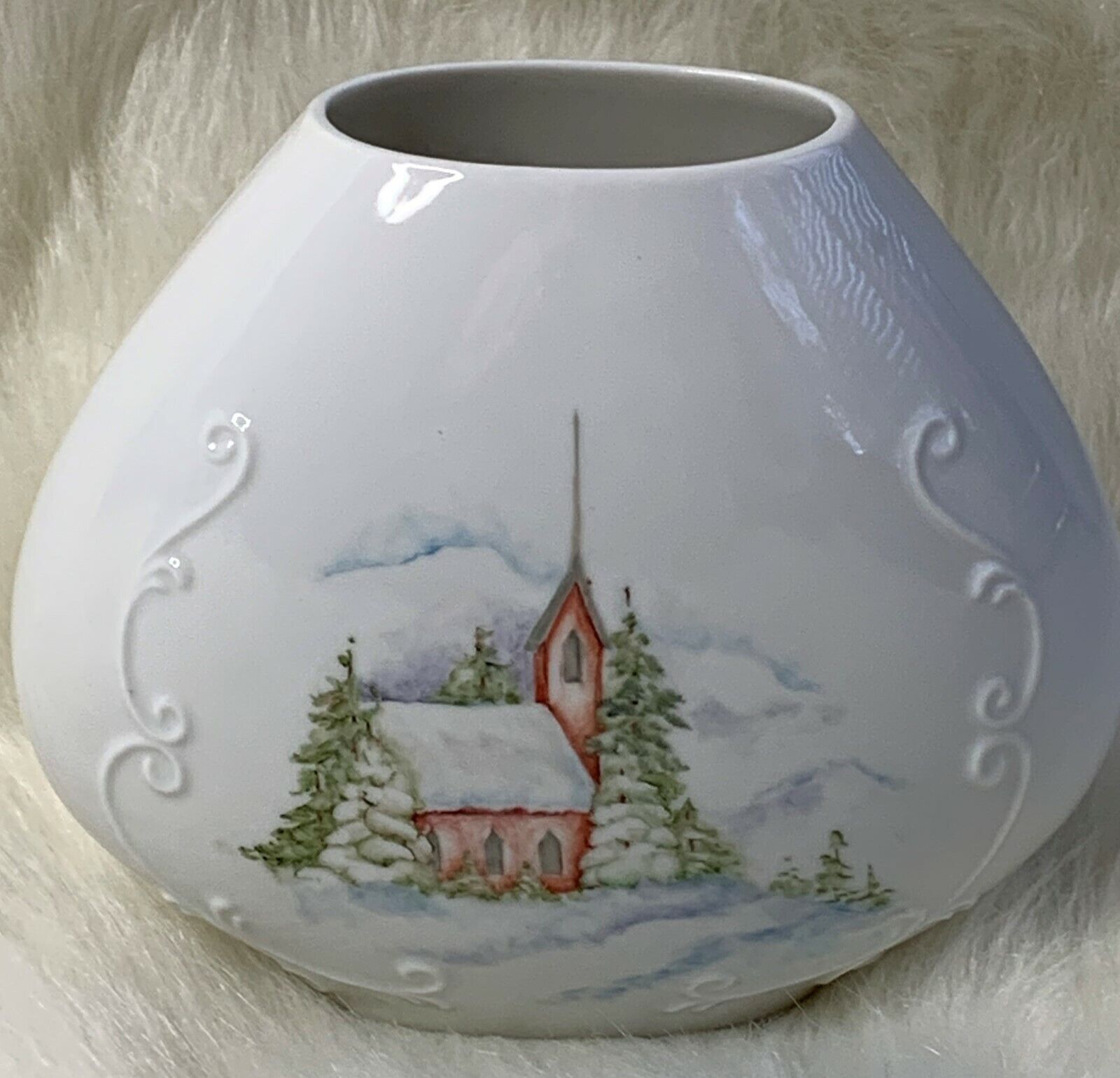 Vintage Hand Painted Porcelain Vase Snow Scene Church Raised Scrollwork 1988