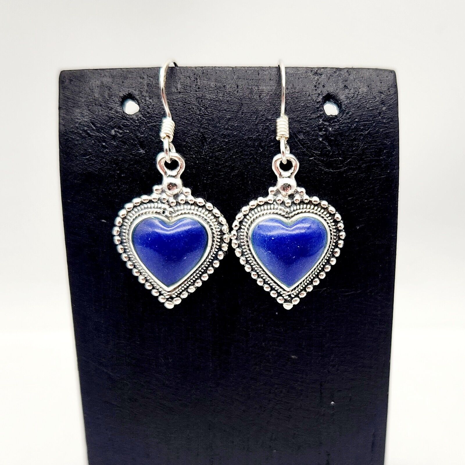 Vintage Lapis Lazuli Gemstone Inlay Heart Sterling Silver Hook Earrings - 5.3g