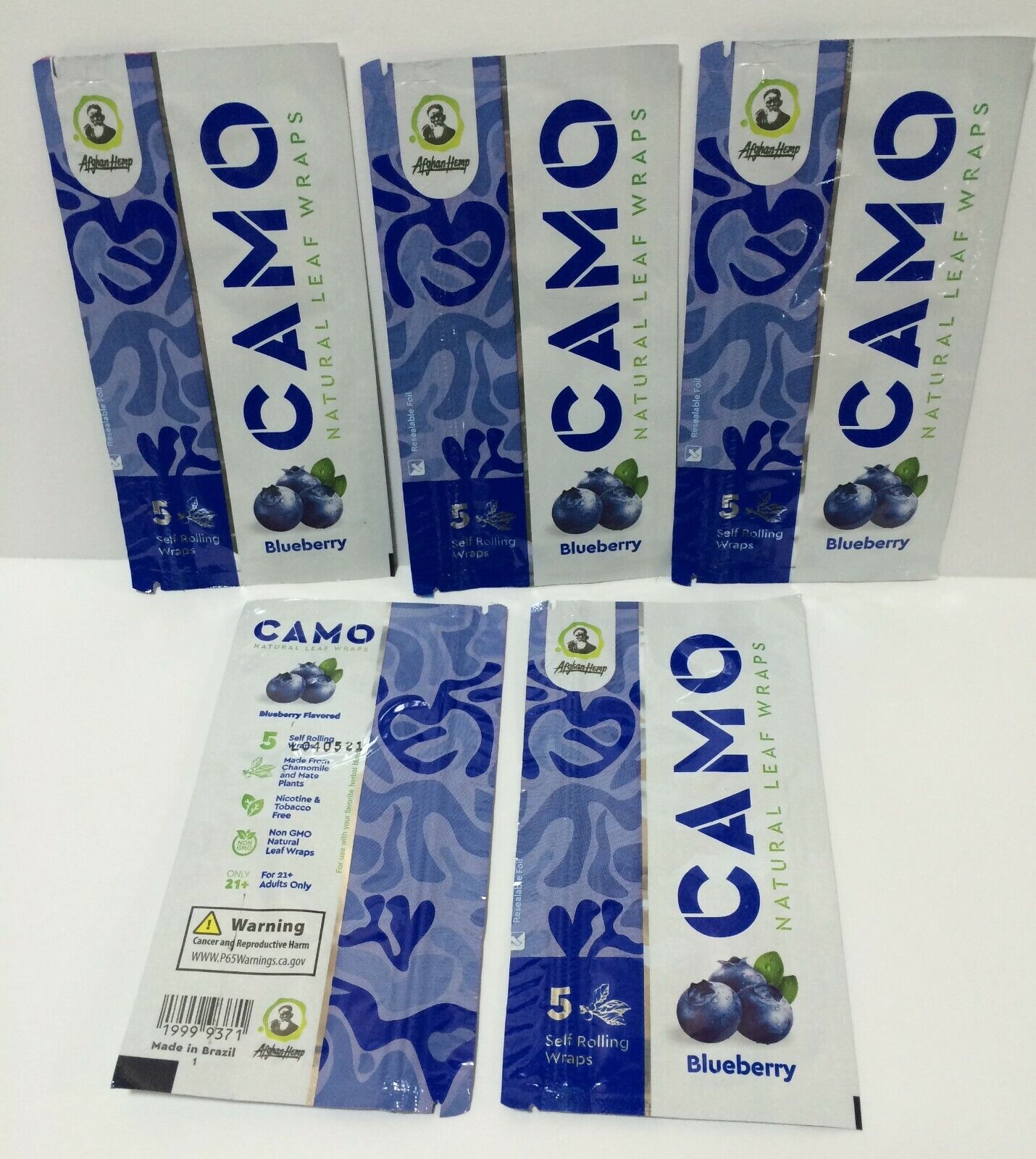 5 PACKS of CAMO NATURAL LEAF WRAPS - BLUEBERRY - 25 SHEETS HERBAL CHAMOMILE MATE