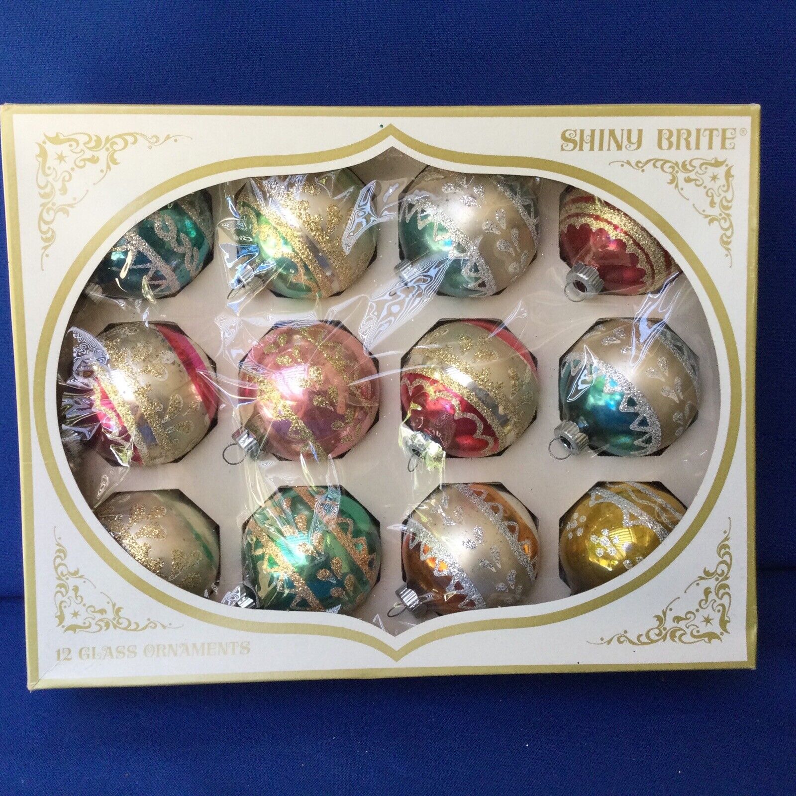 Shiny Brite Multi Colored Poloron Stenciled Glitter Balls 12 Original Box Xmas