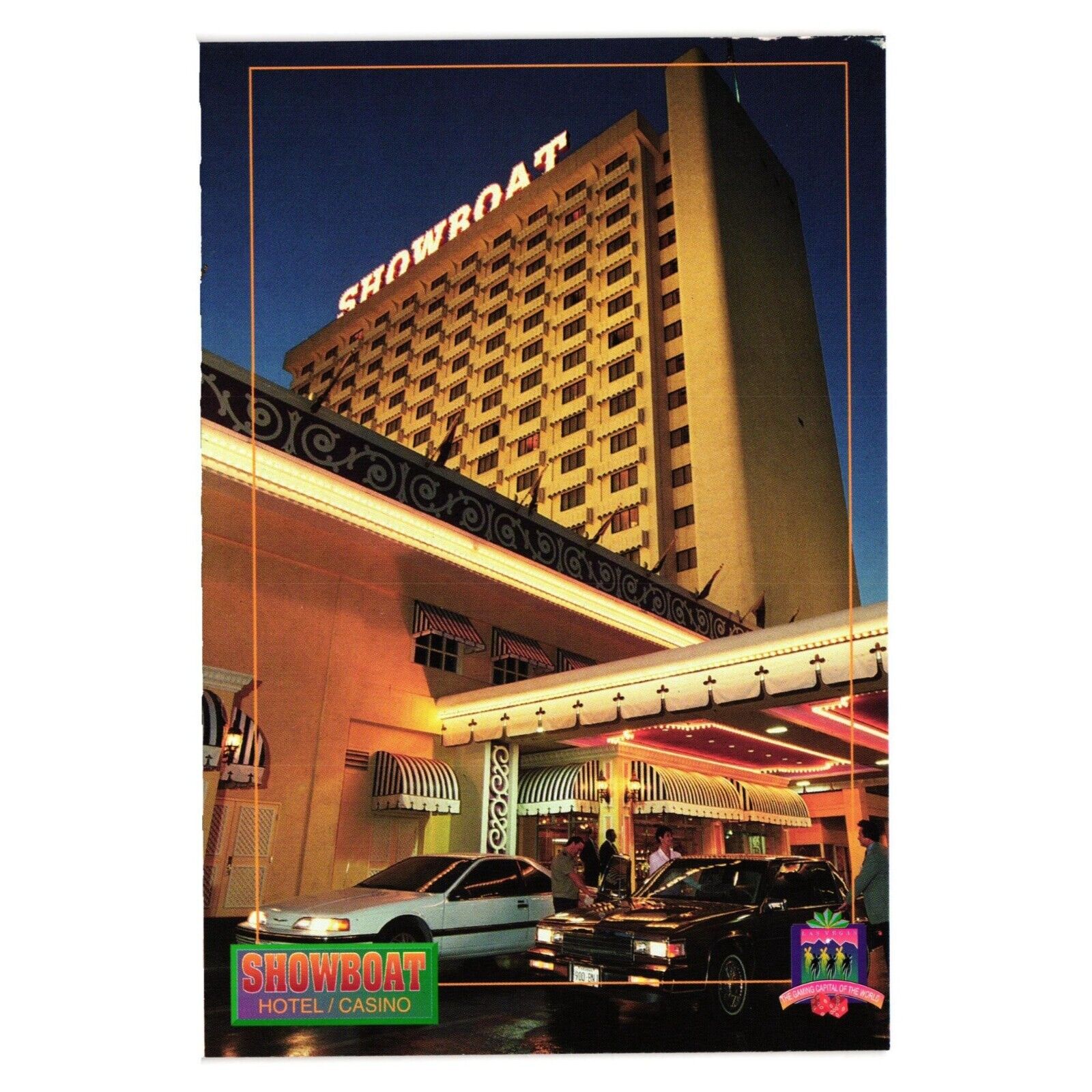 Showboat Hotel Casino Vintage Postcard Evening Lights Entrance Vacation Tourist