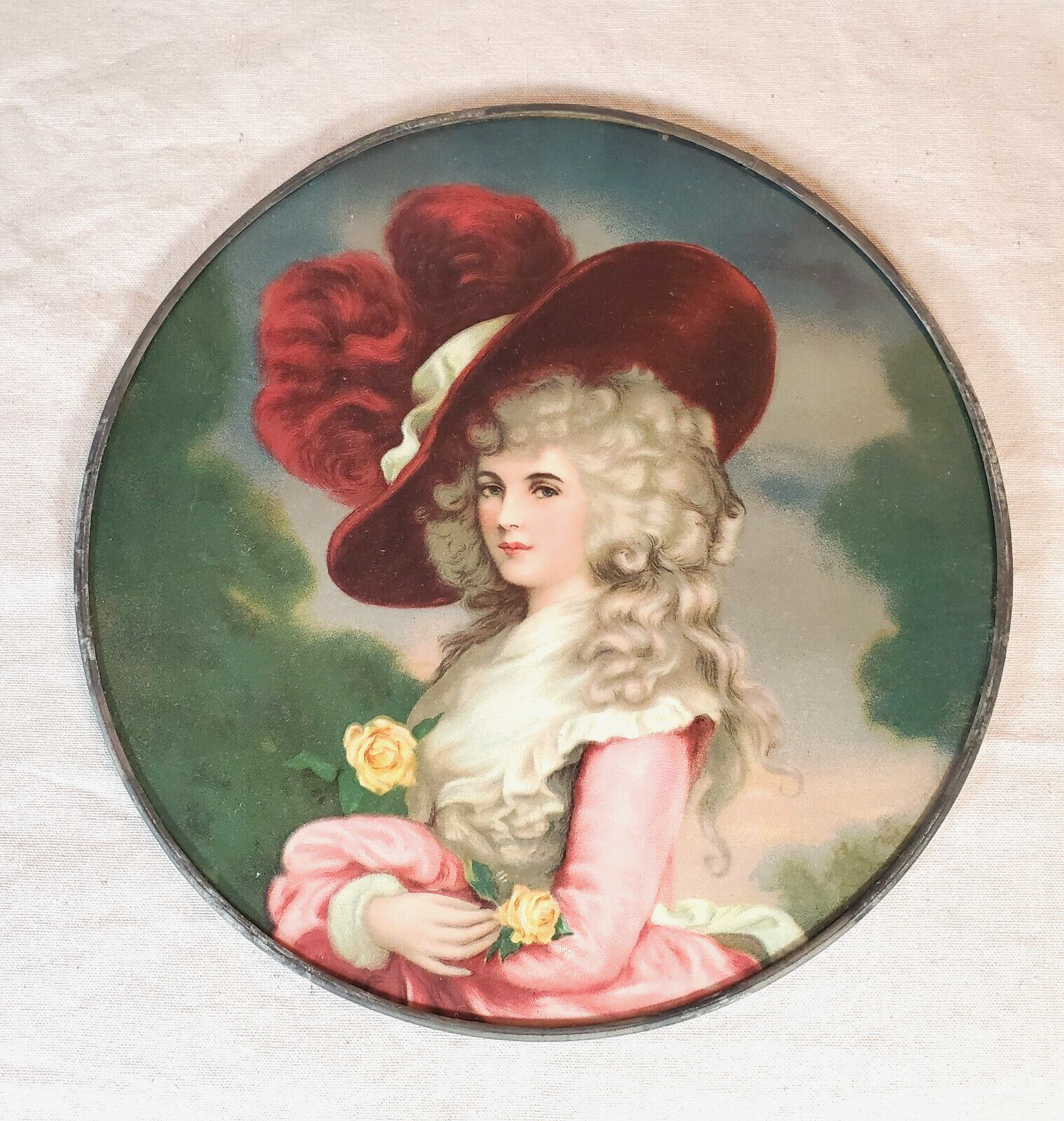 Antique Flue Cover Print 18th Century French Lady in Pink in Metal Frame 9 3/4