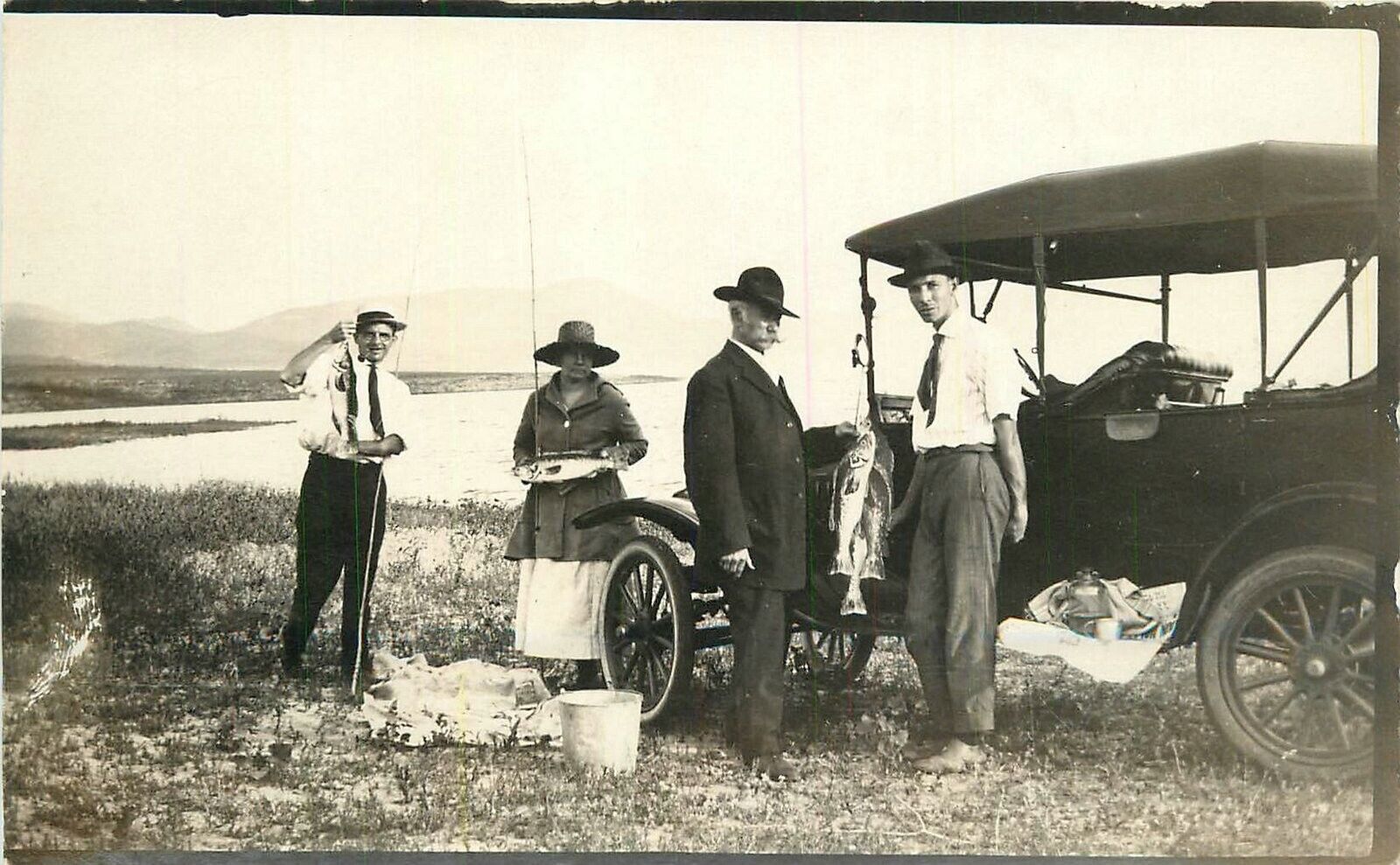 Postcard C-1910 Fishing Catch automobile travel Group RPPC  23-370