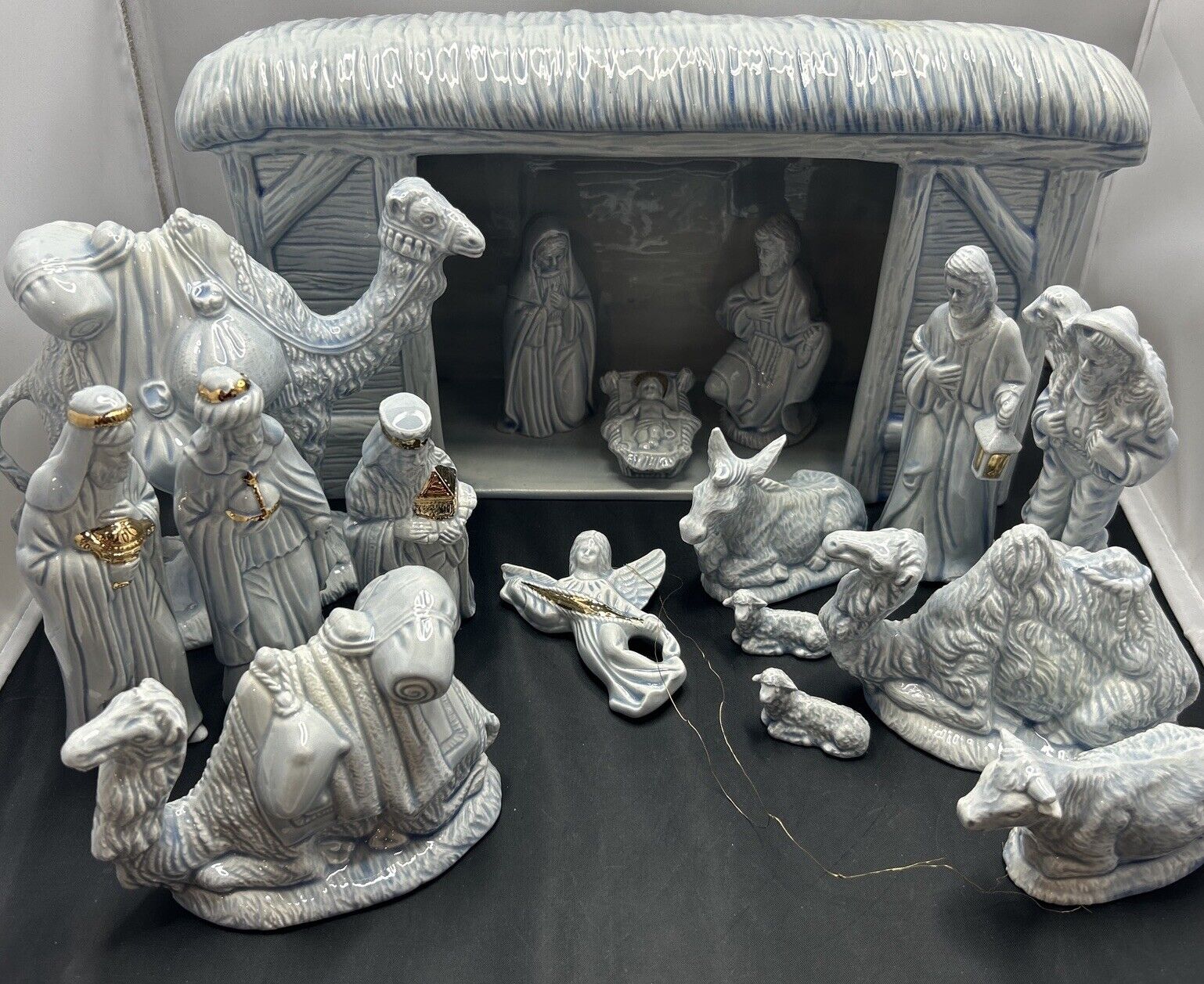 Vtg 1979 Doc Holliday Molds Nativity Scene Set 17pc Blue & Gold Ceramic Stable