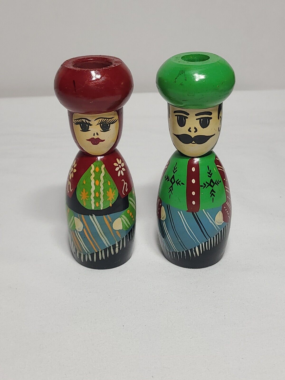 Turkish Souvenir Wooden Handpainted Ethnic Couple Figurines Candle Holder Bodrum