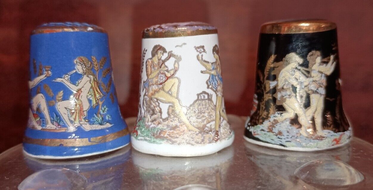 Vintage Sewing Thimble Greek Roman Greece Hand Painted Ceramic Artwork Lot Of 3