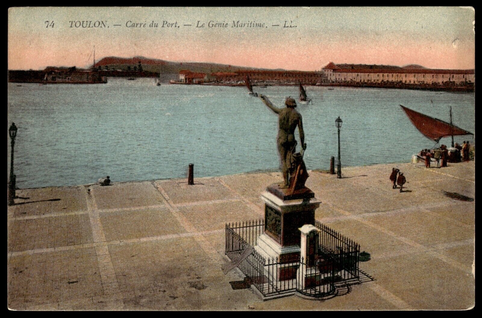 Postcard Carre du Port Genius of Navigation statue Toulon France colorized