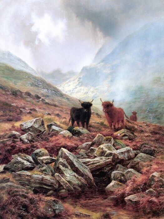 Oil painting Louis_Bosworth_Hurt-Highland_Mists cows cattles in landscape canvas