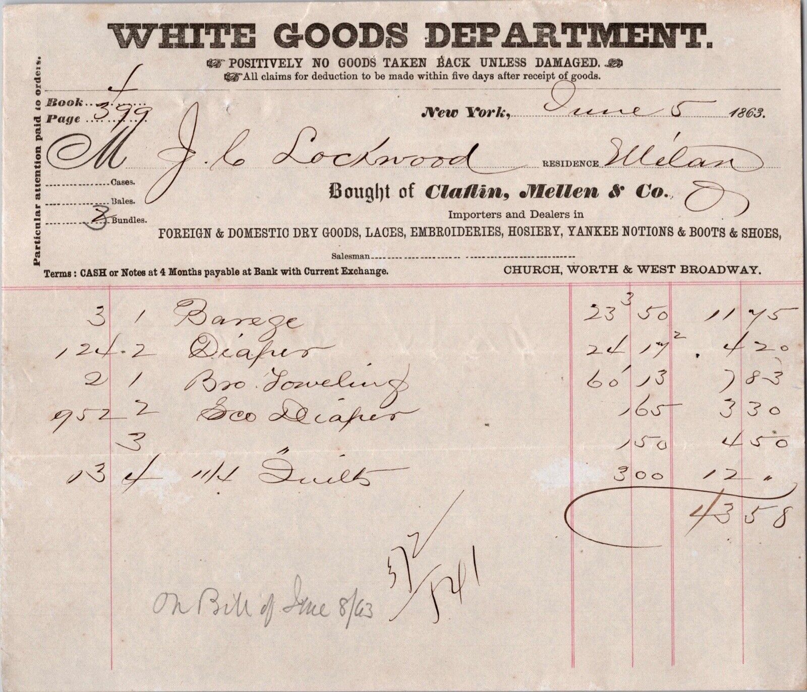 c1863 Horace B Claflin & Co Dry Goods New York NY Billhead Antique Paper