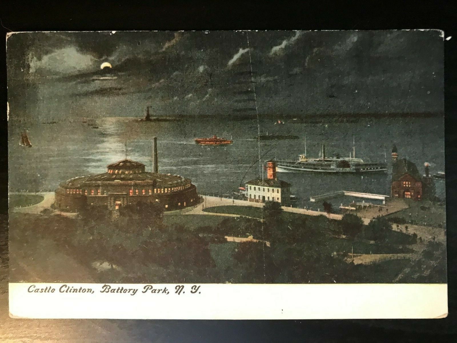 Vintage Postcard 1910 Castle Clinton Battery Park Night New York City  (NY)