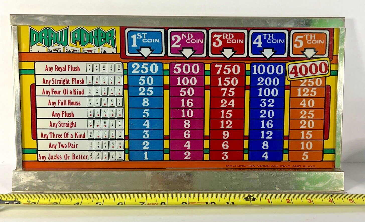 Vintage 1982 Bally MFG Corp. Video Poker Payout Heavy Glass Panel
