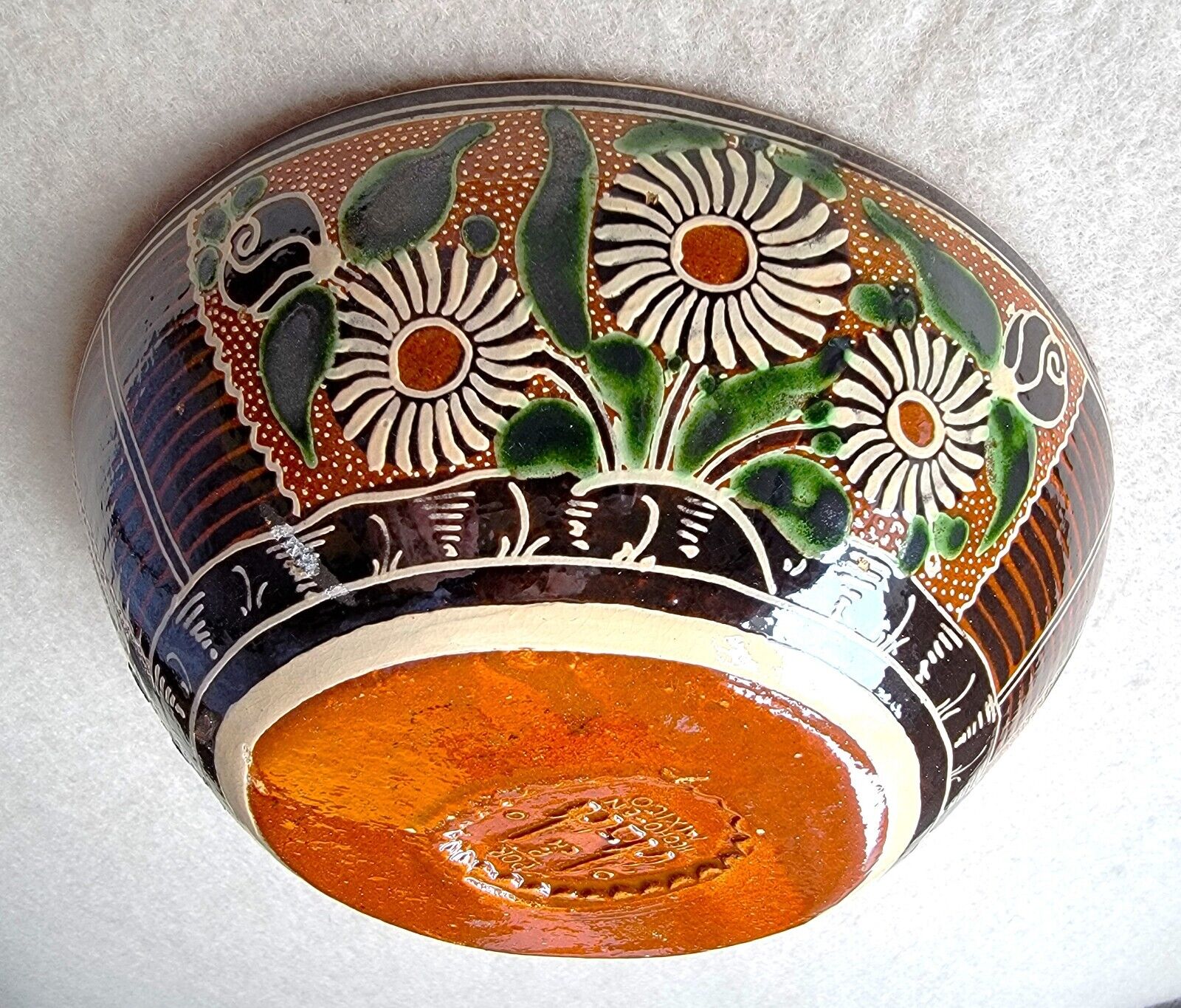 Vintage Mexican TLAQUEPAQUE Folk Art HandPainted Ceramic BOWL Deer Flowers Eagle