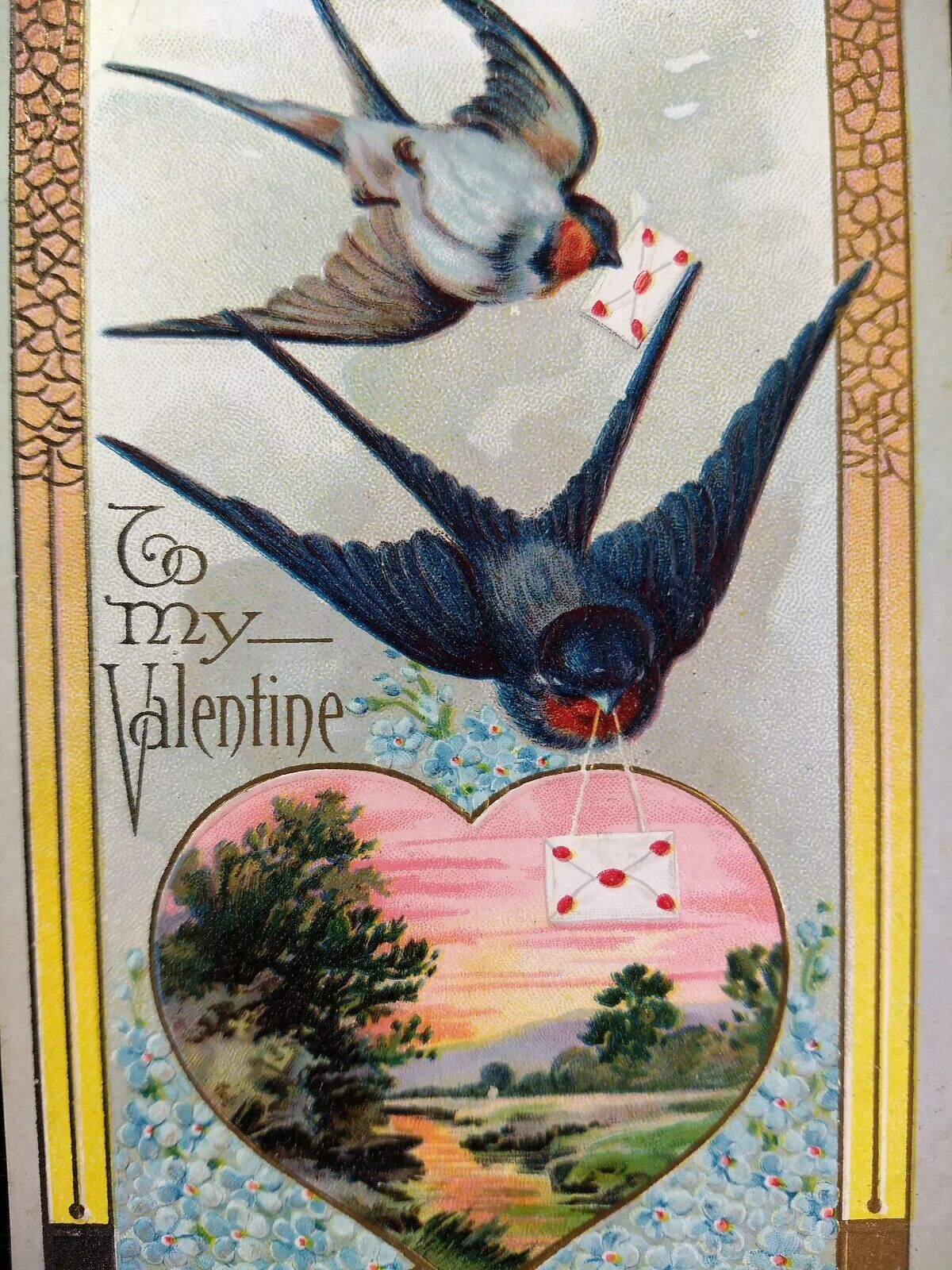 Valentine Postcard Antique Early 1900s Swallows Deliver Embossed Rare 