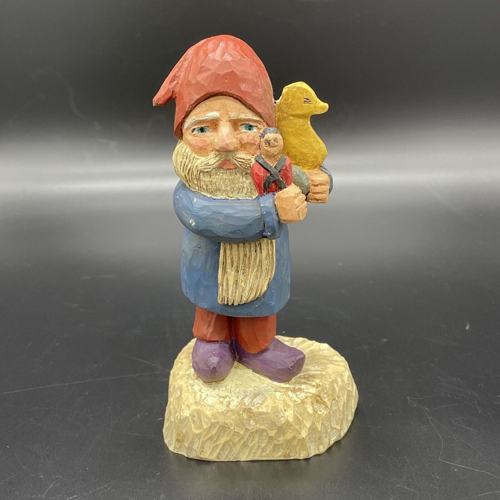 Max Grandstaff Folk Art Gnome Figurine Holding Duck & Pirate Carved 6” Tall 1990