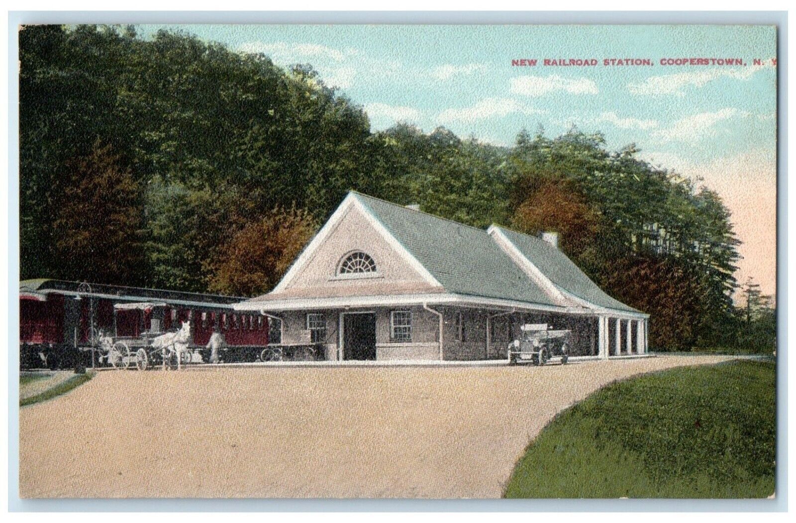 c1910\'s New Railroad Station Depot Car Cooperstown New York NY Antique Postcard
