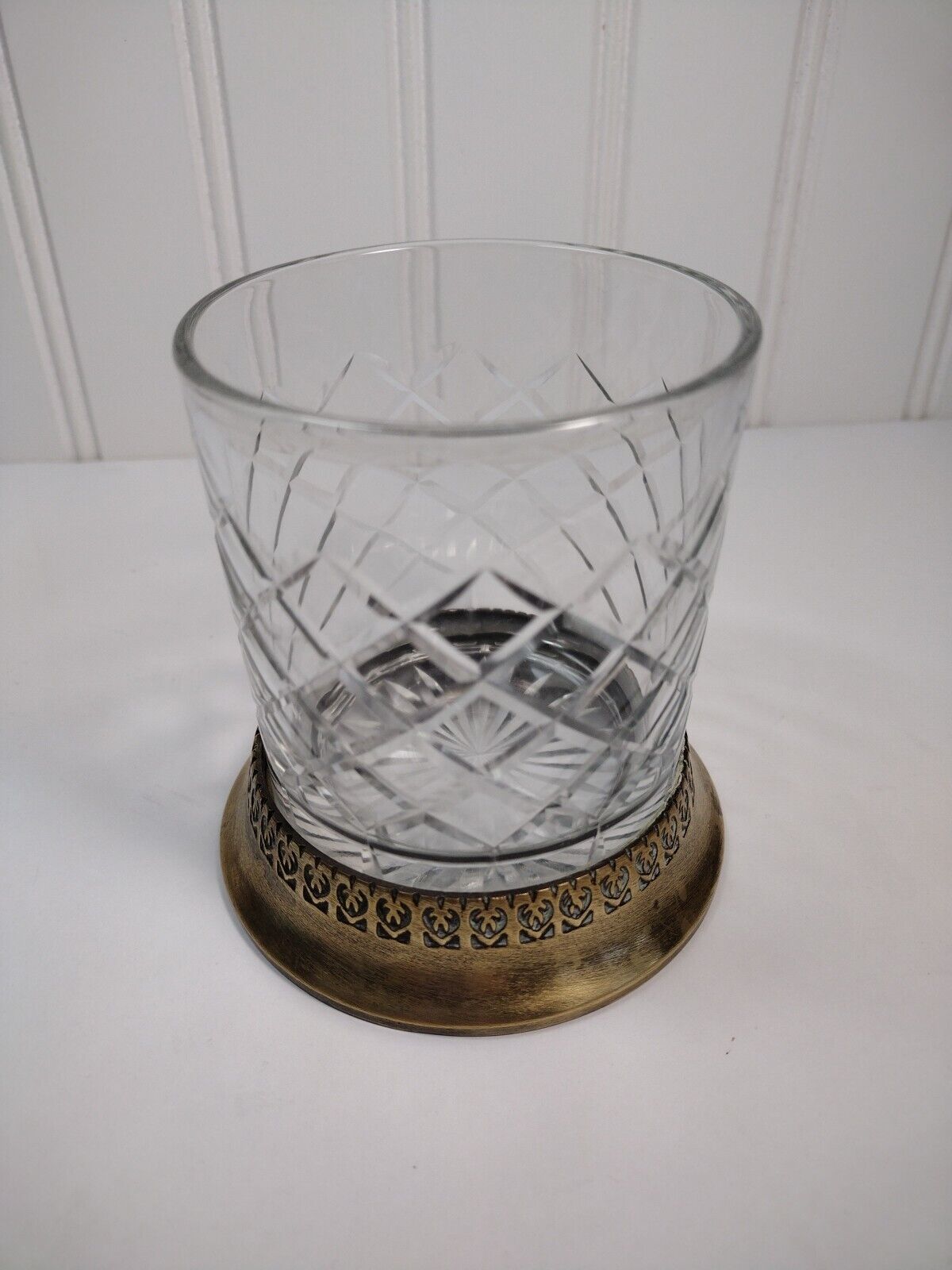 Vintage Whiskey Glass Etched Diamond Design Brass Base 3 1/2 Inches Tall Nice