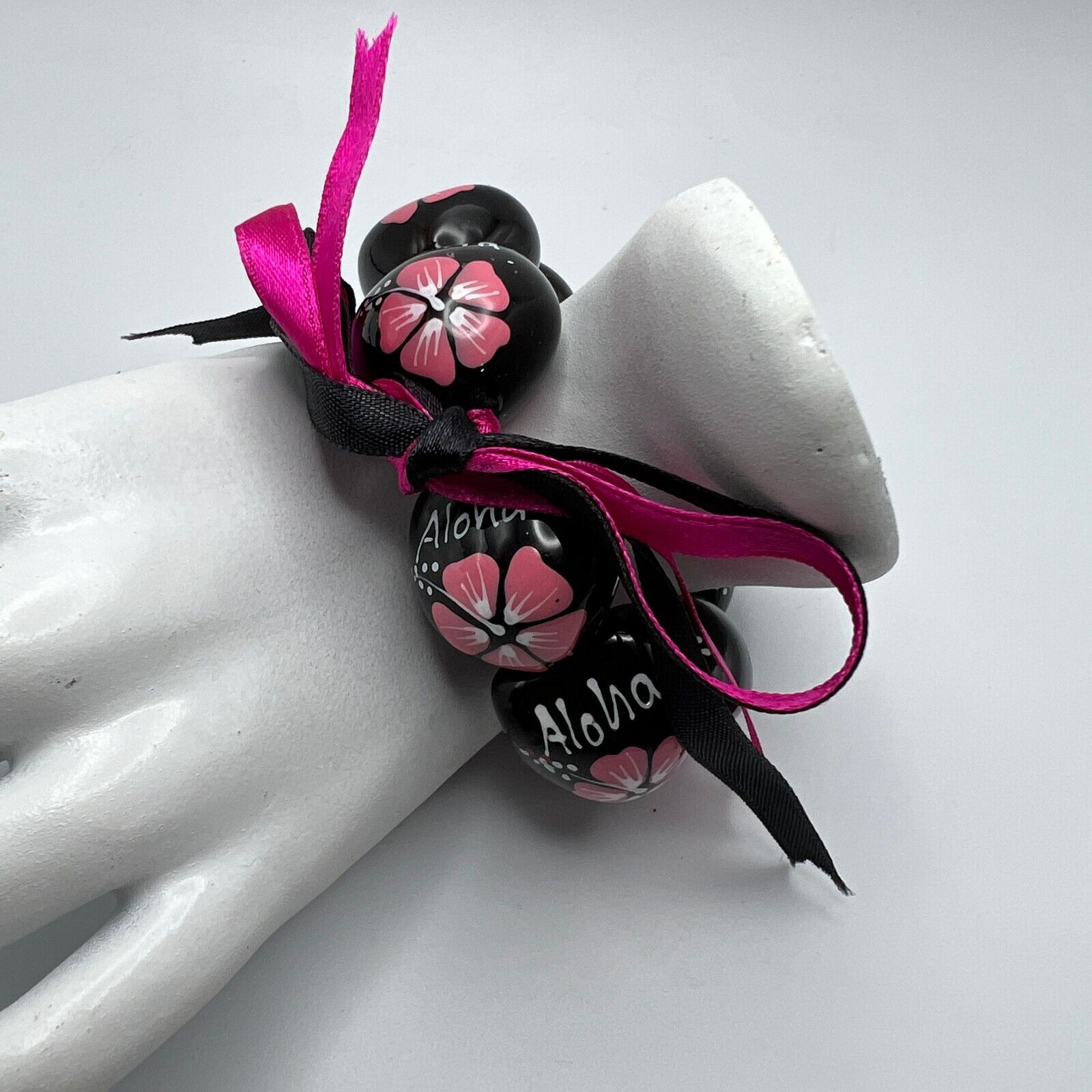 Hawaiian Necklace Bracelet Black Pink Hibiscus Flower Handmade