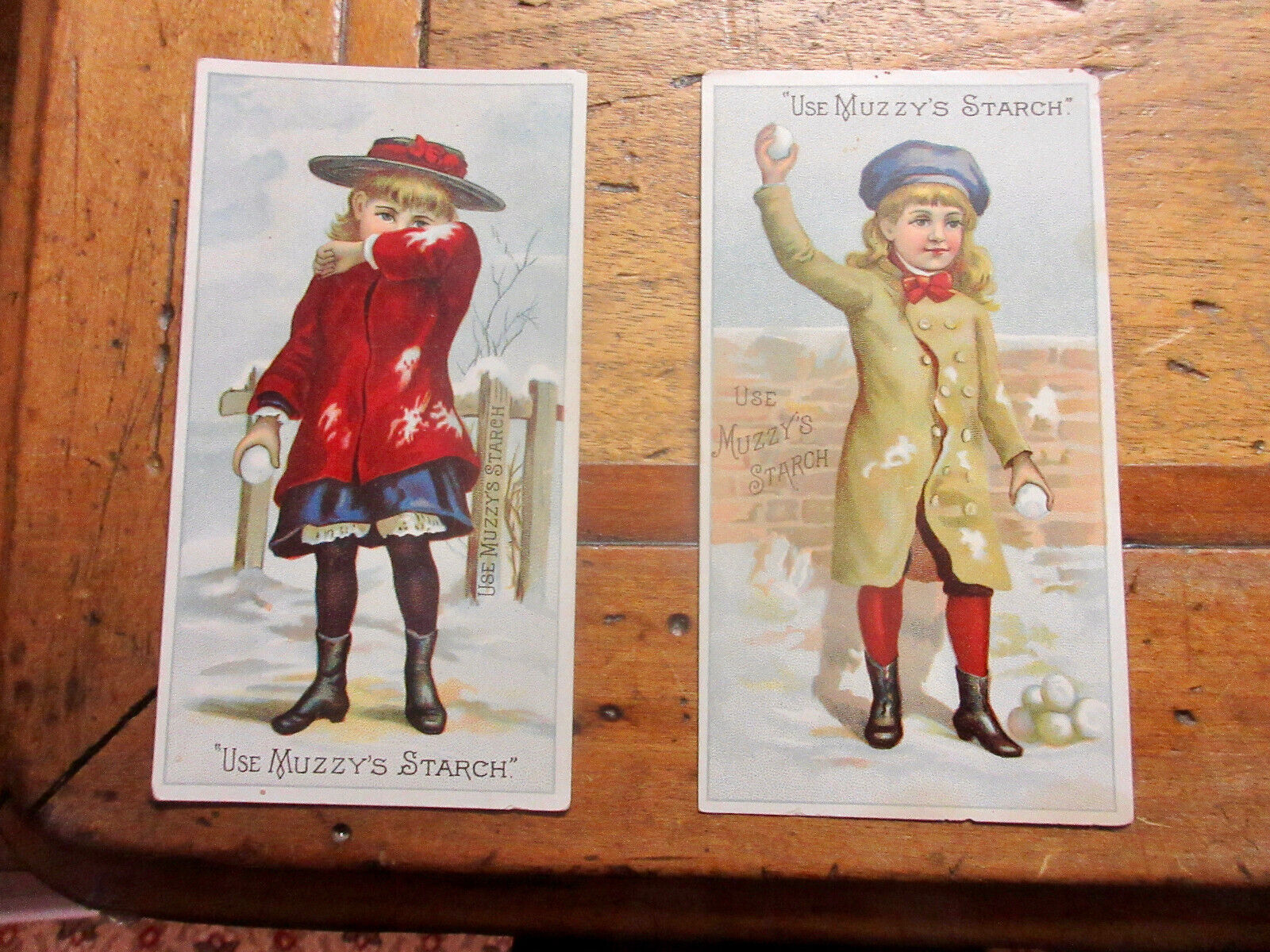 Antique Victorian Era 1880's  ~ 2 MUZZY'S CORN STARCH TRADE CARDS SNOWBALLS