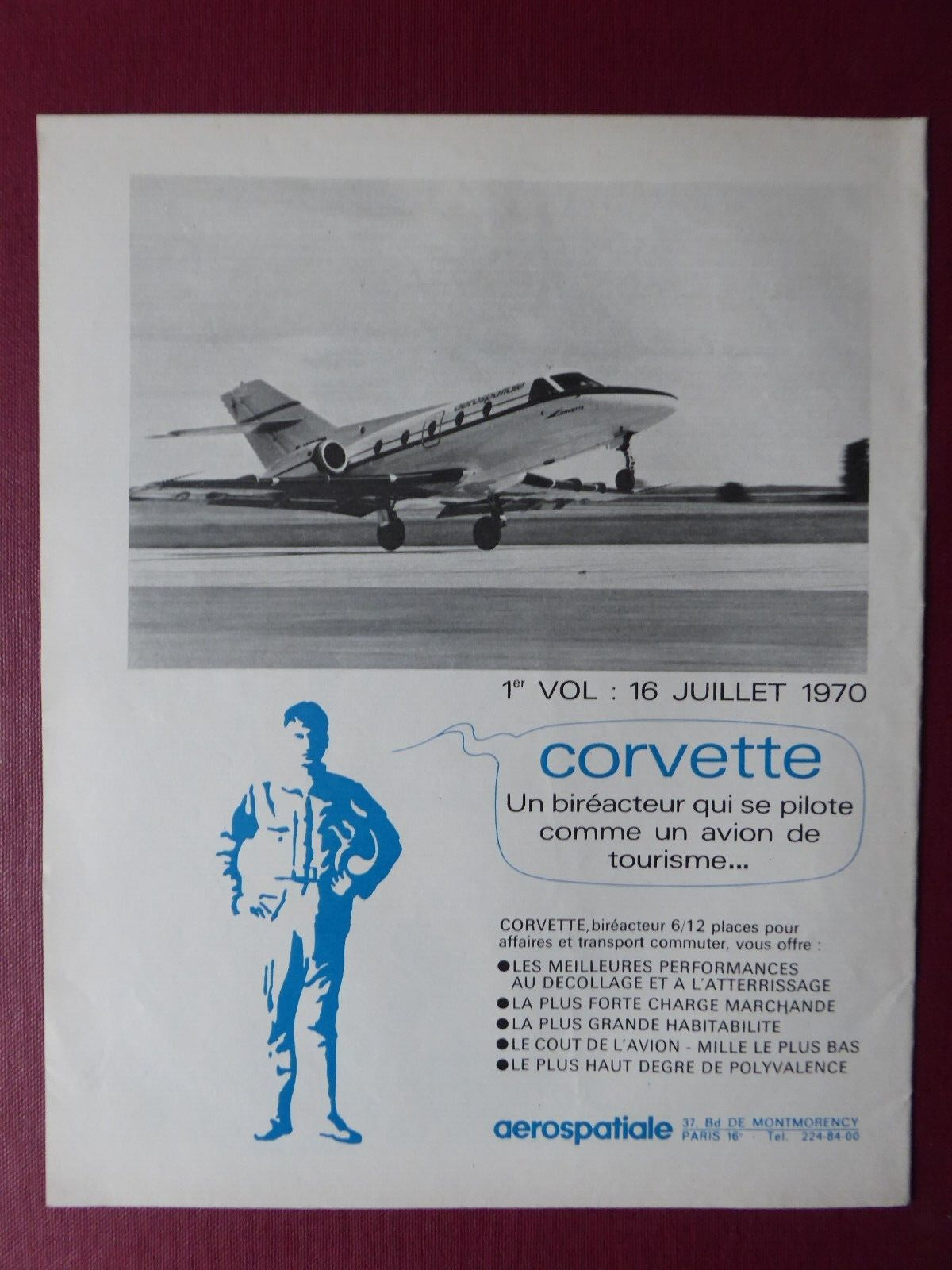 9/1970 PUB AEROSPACE CORVETTE AIRCRAFT FIRST FLIGHT PREMIER FLIGHT FRENCH AD