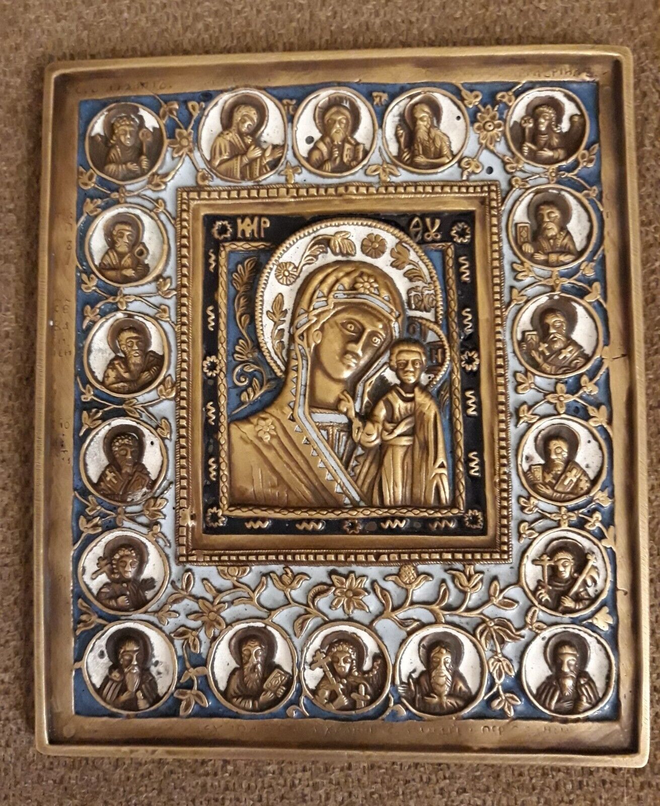 Russian Bronze Orthodox enameled icon The Virgin of Kazan, 19 cent., 524 grams