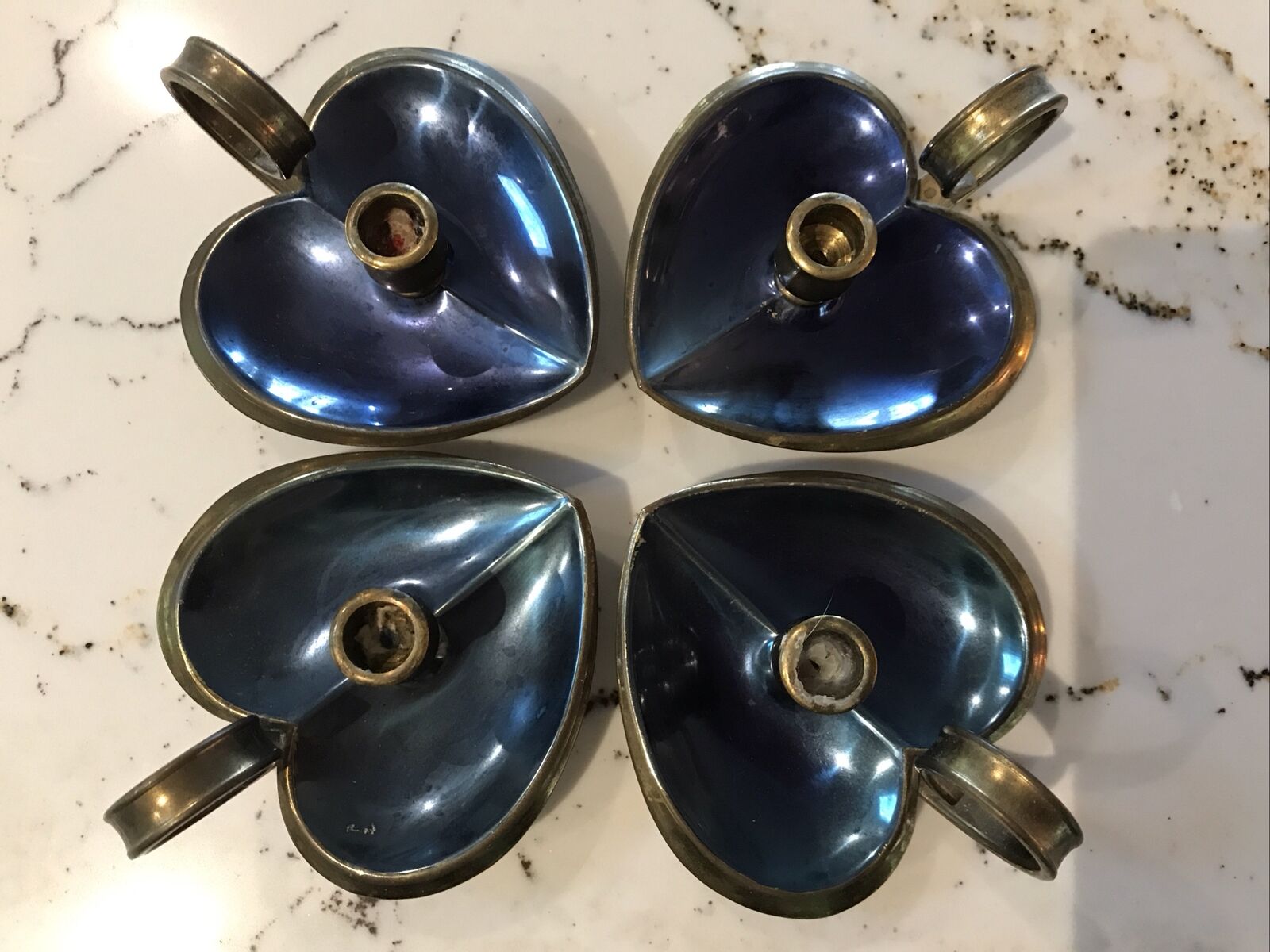 VTG Heart Shaped Chamber Candles Solid Brass Blue (4)  1970s