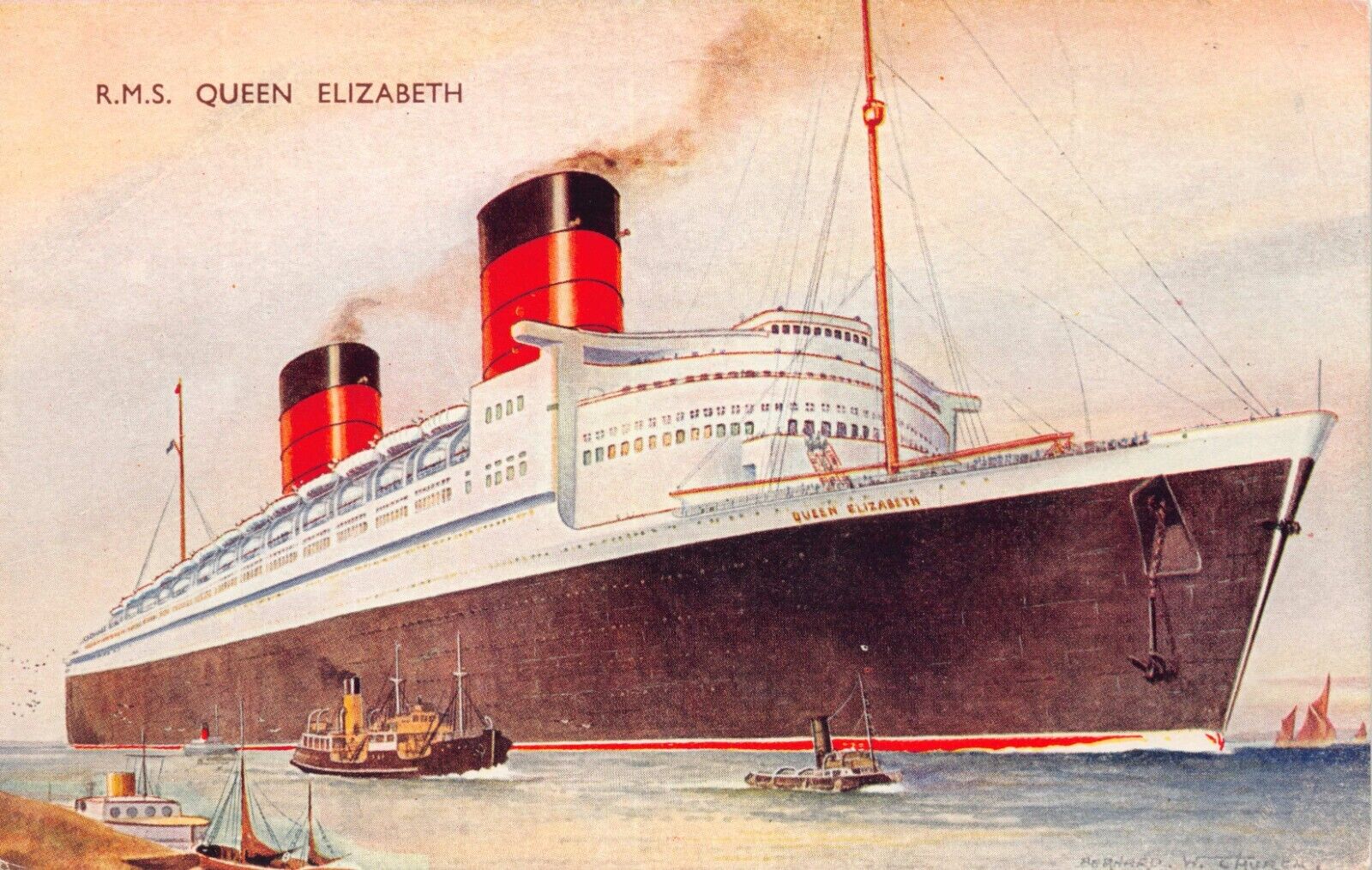 RMS Queen Elizabeth Coming Into Harbor Retired 1967 Vtg Postcard CP361