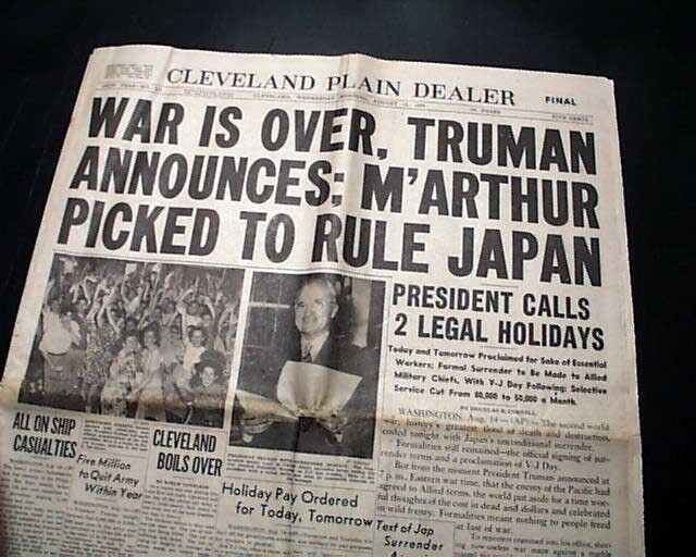 Great JAPAN SURRENDERS V-J Day World War II WWII Over Peace 1945 old Newspaper