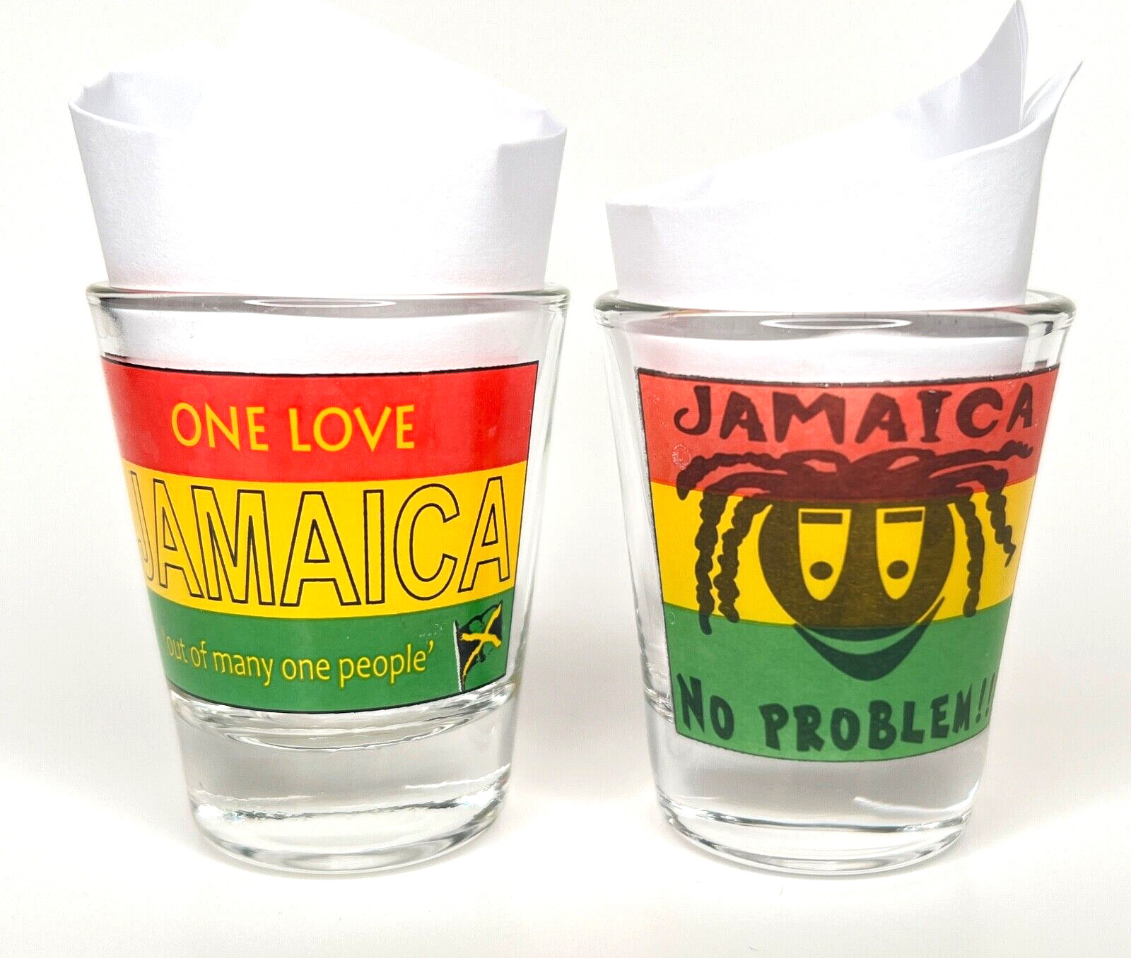 Barware Shot Glasses Jamaica-One Love-No Problem - Clear Shot Glasses, Lot of 2