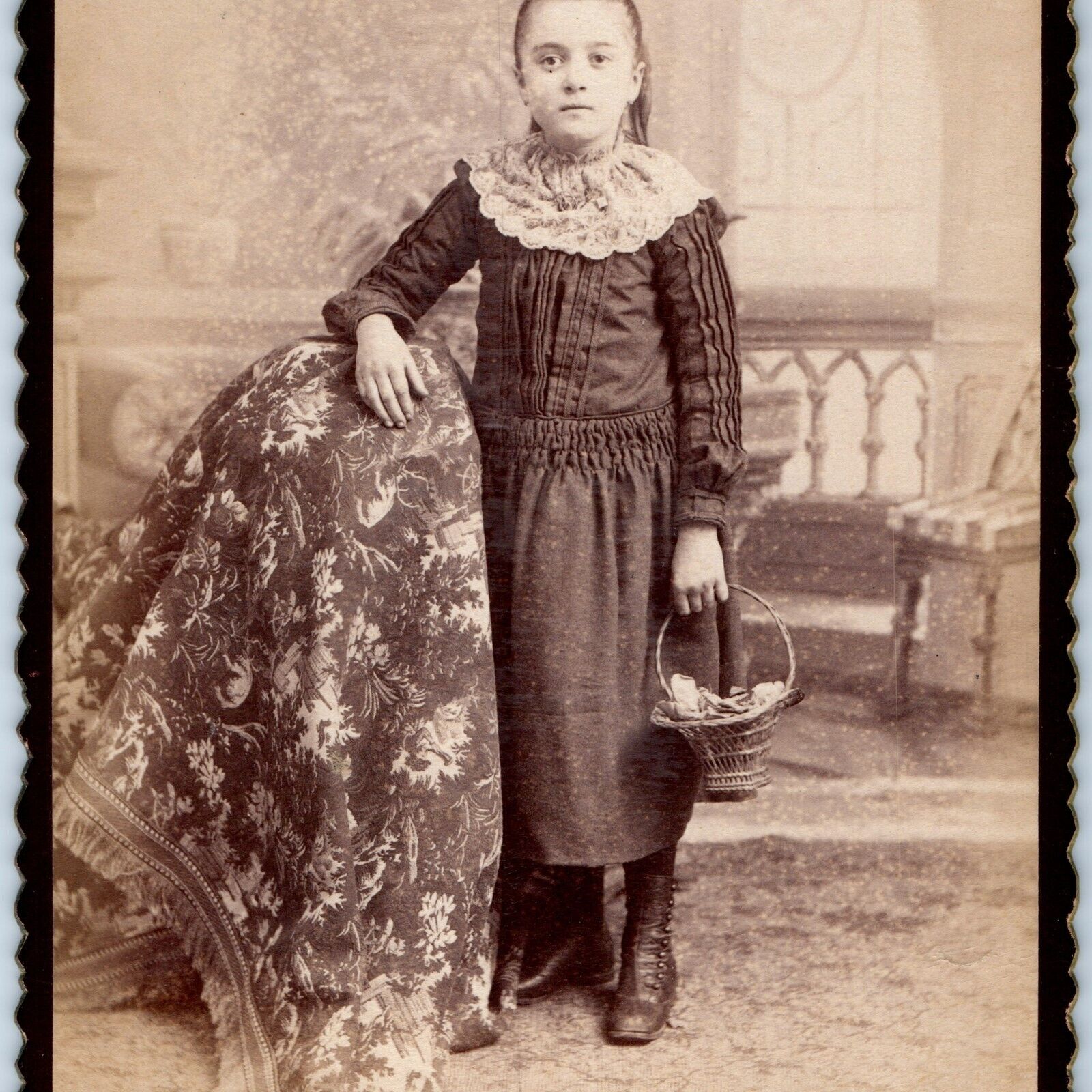c1880s Reading, PA Cute Little Girl w/ Basket Cabinet Card Photo Saylor B13