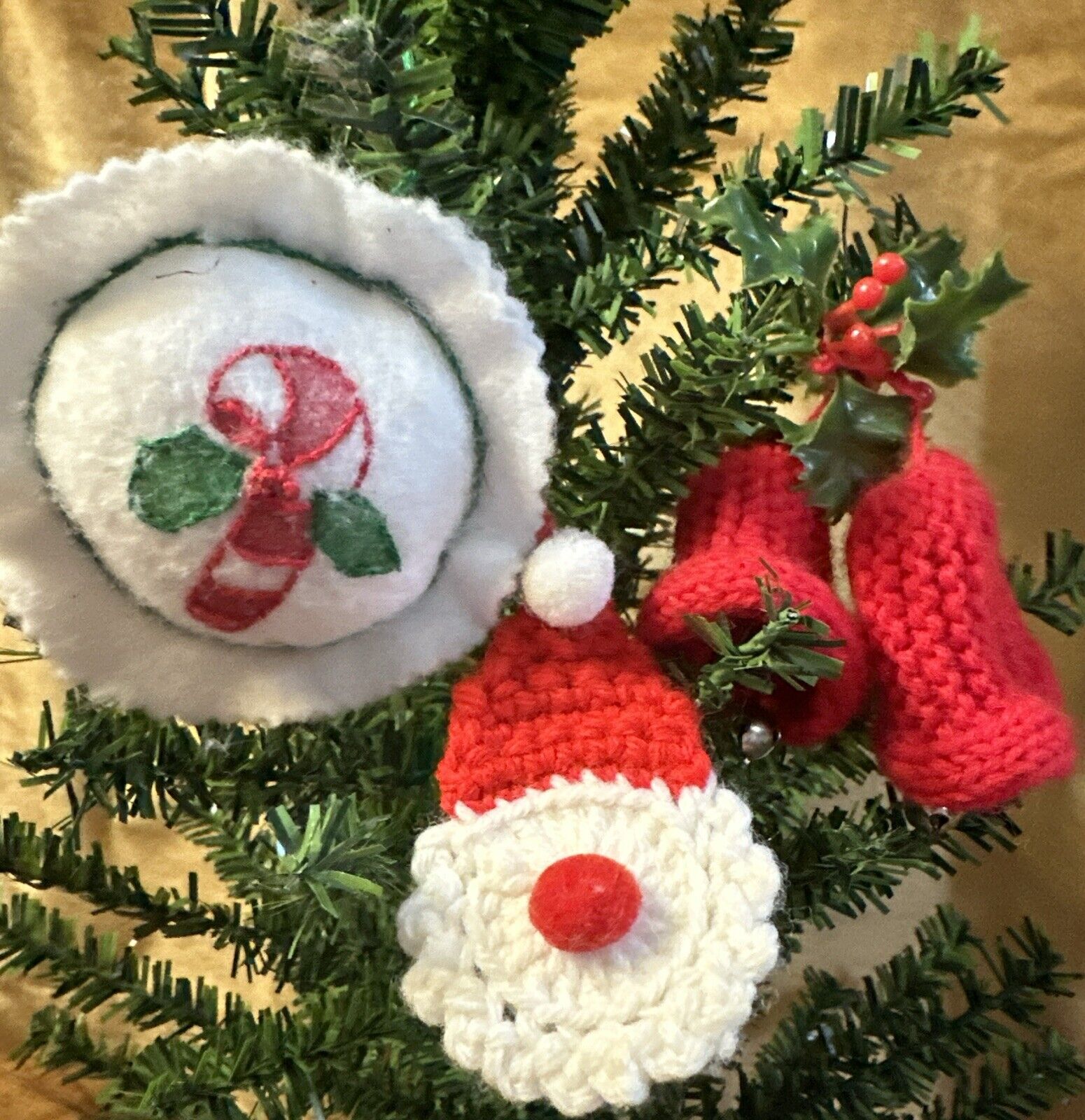 Vintage Lot Of 3 Homemade Christmas Ornaments ~Crochet Santa & Bells, Candy Cane
