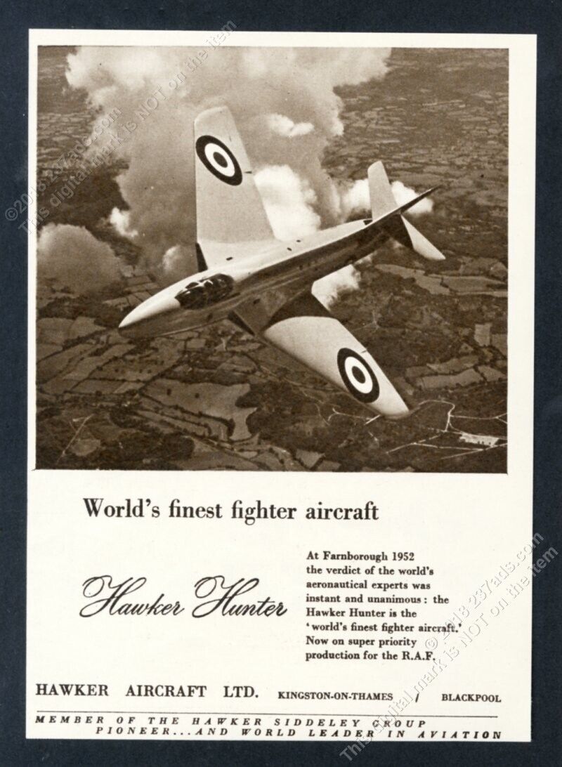 1952 RAF R.A.F. Hawker Hunter plane photo vintage UK print ad