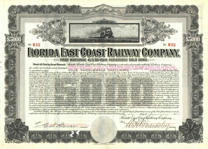 Florida East Coast Railway Co. - 1909 dated $5,000 Bond signed by William Henry 