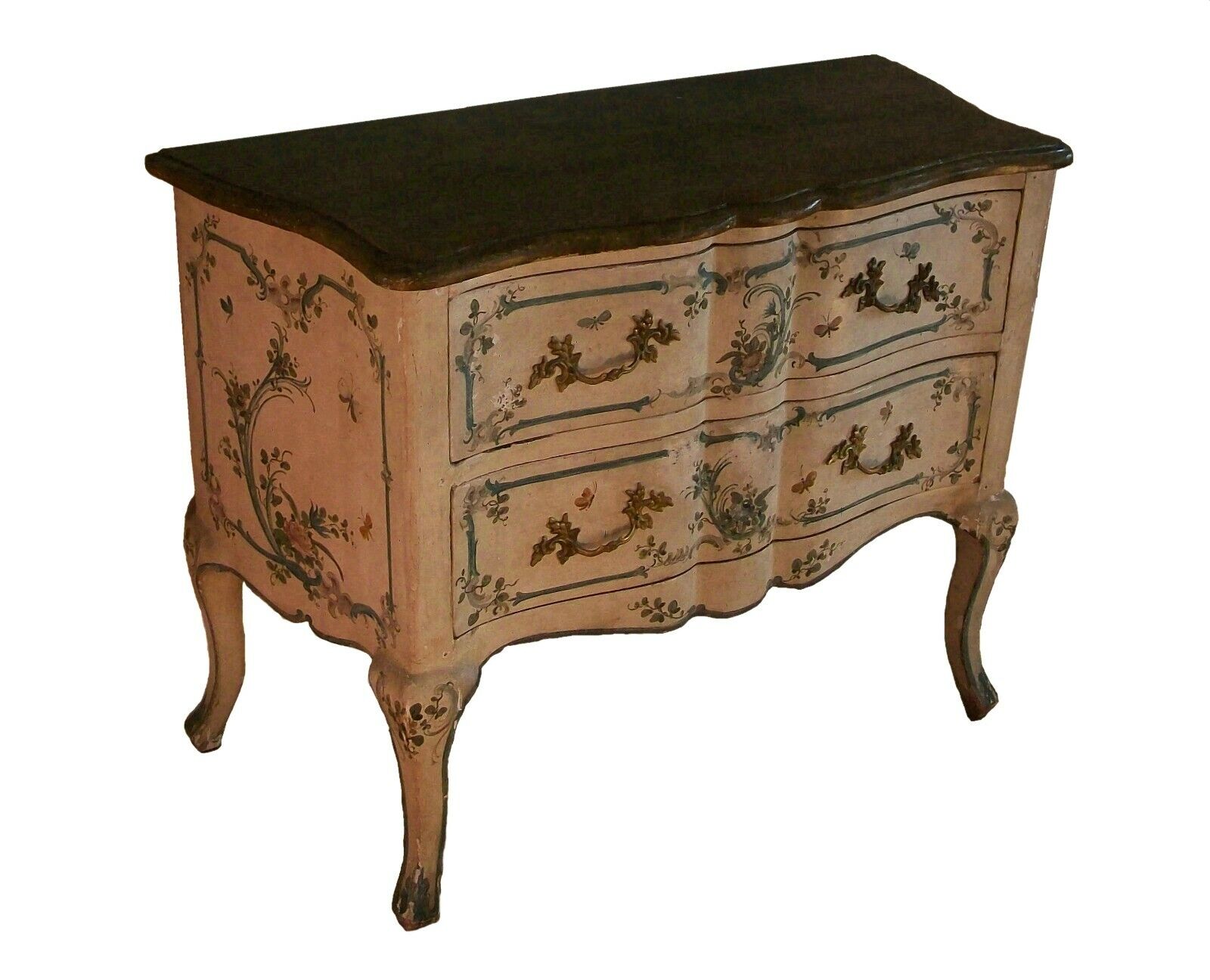 Italian Rococo Floral & Butterfly Painted Chest of Drawers - Mid 19th Century