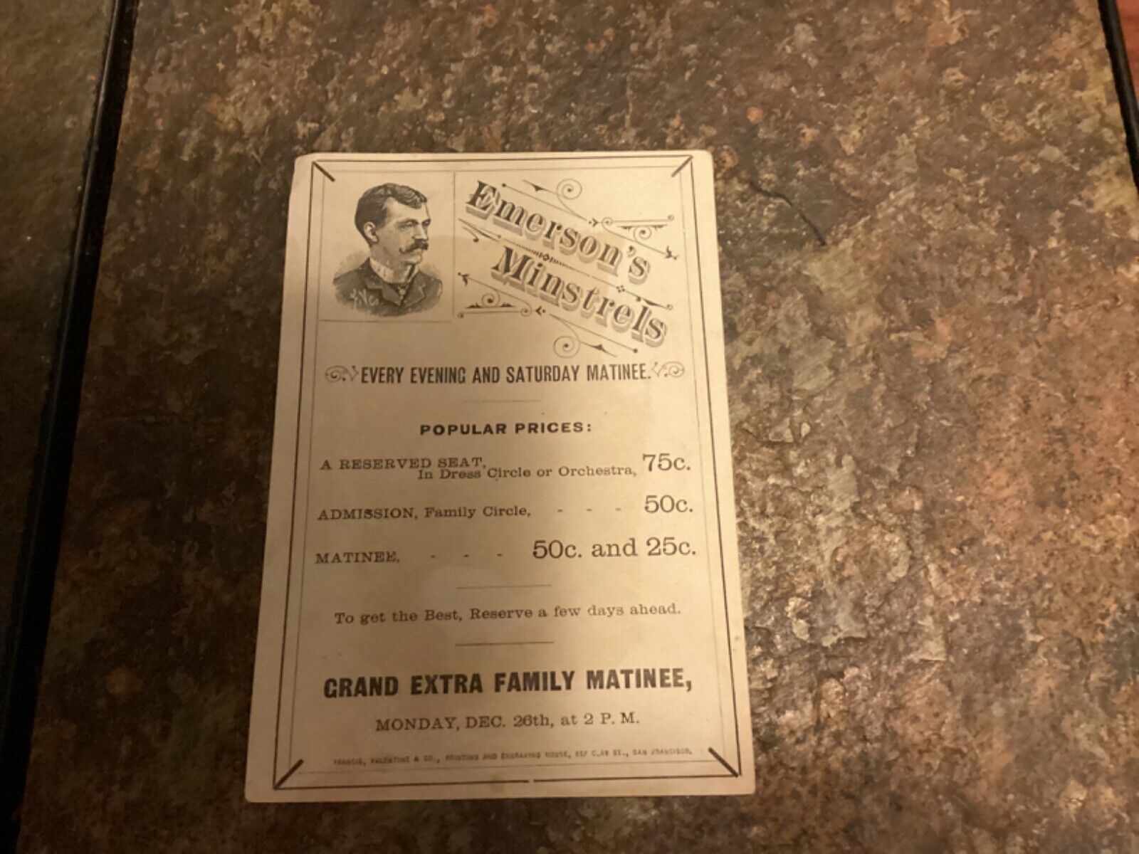 Rare 1880s Emerson's Minstrels Illustrated Price Card