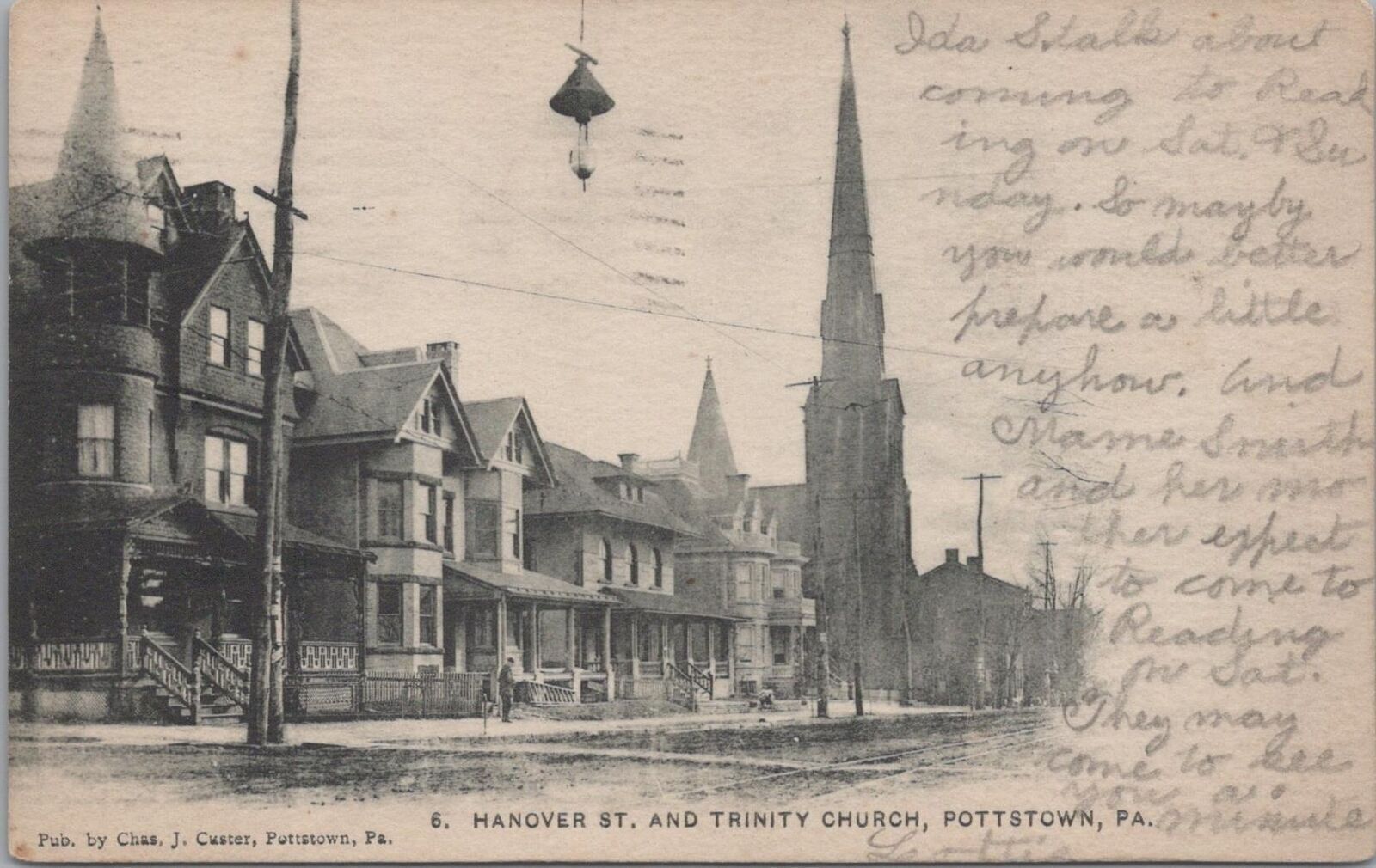 Postcard Hanover St and Trinity Church Pottstown PA 1906