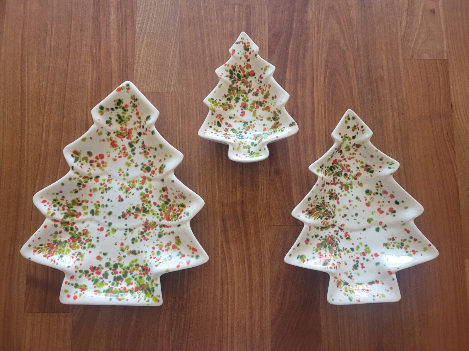 Vintage Speckled Ceramic Nesting Christmas Tree Candy Dishes Set Of 3 Speckled