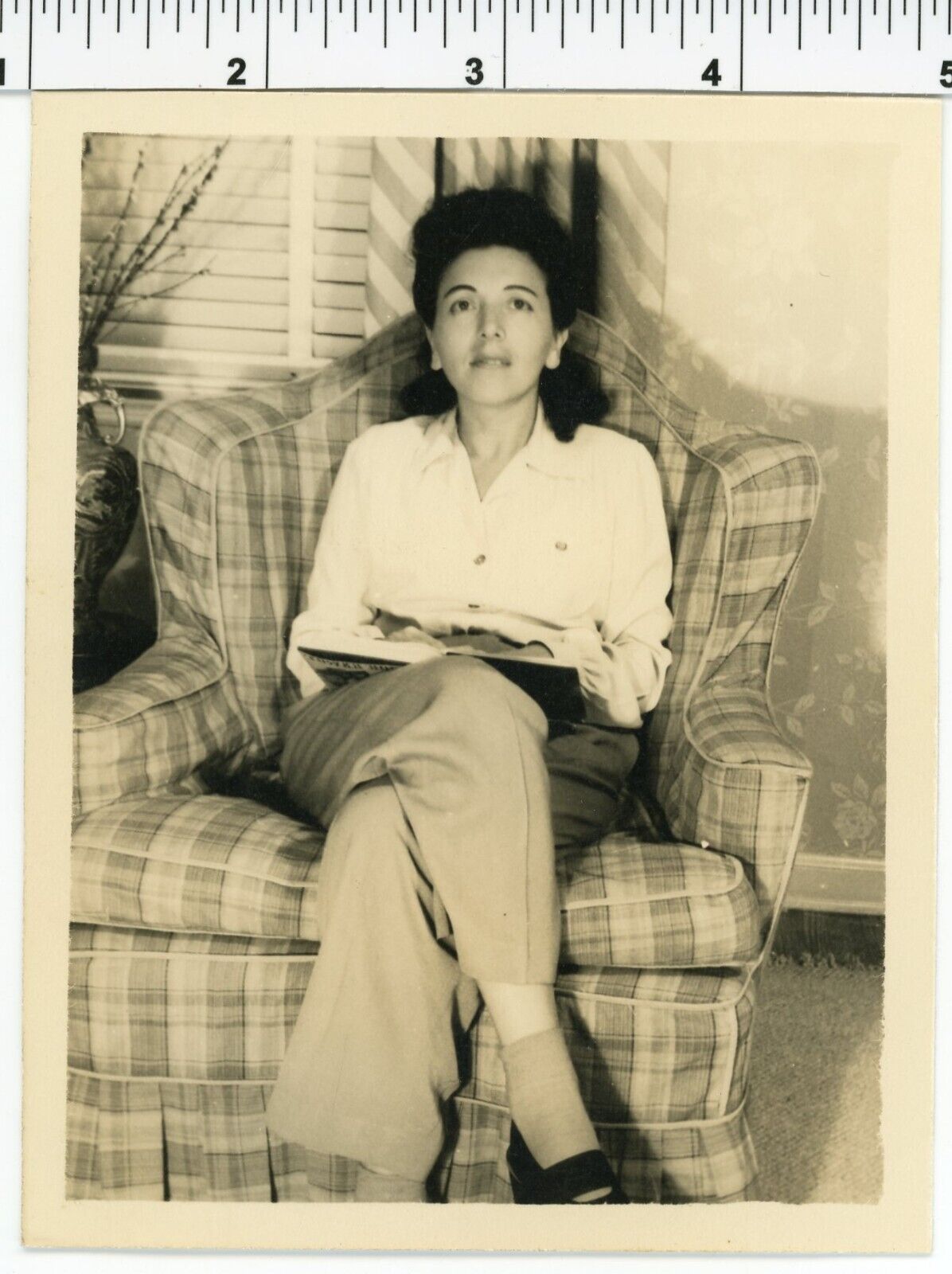 Vintage 1950s photo / Lovely Mature Woman Reads Limerick Book in Her Comfy Chair