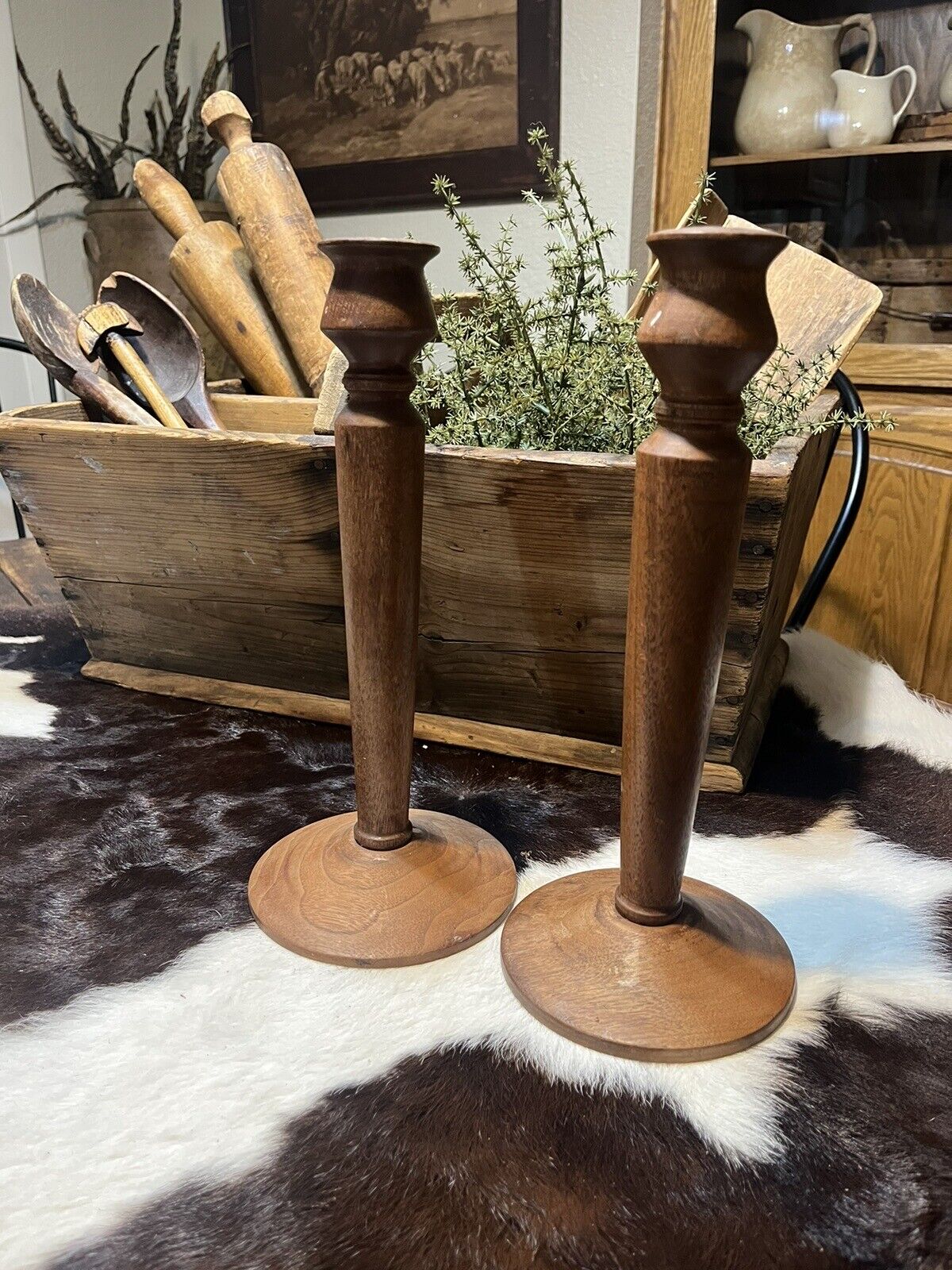 Early Antique PR Arts Craft Wooden Candlesticks Turned Wood Taper Candle Old