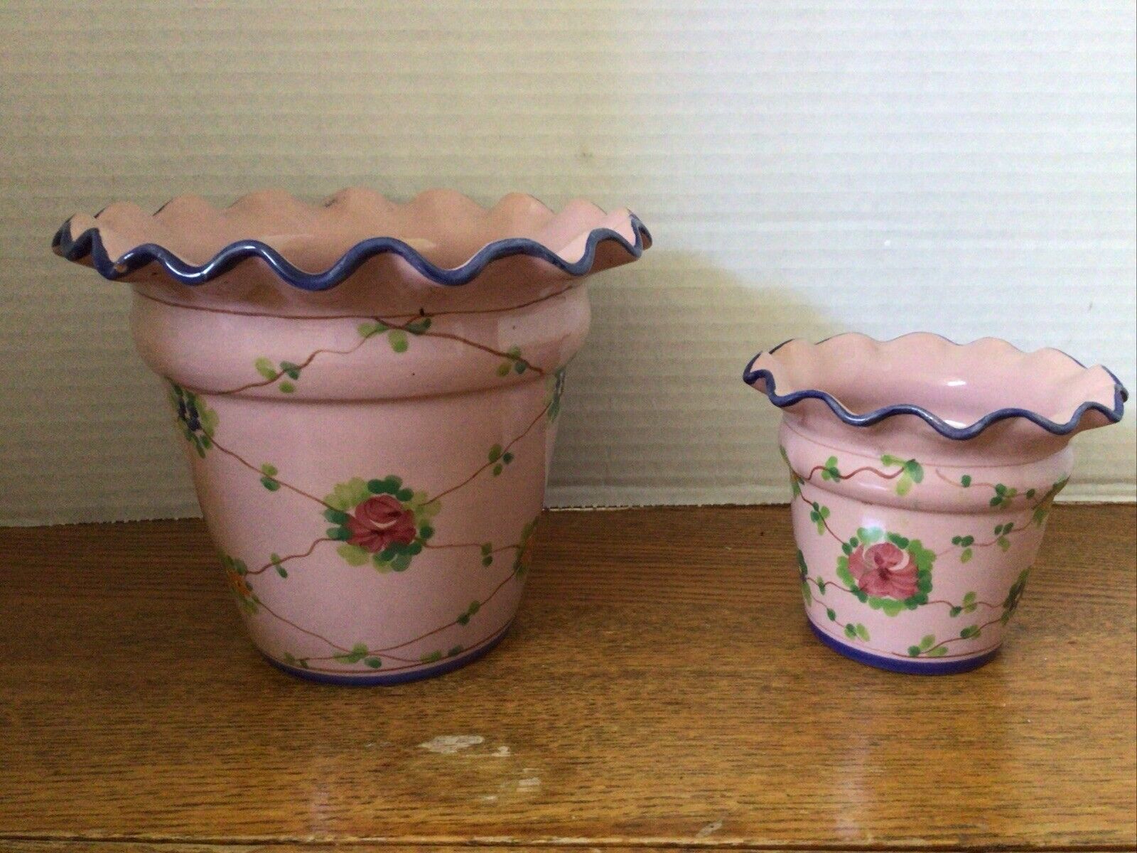 Italian, Pink, Roses, Blue Ruffled, Hand Painted Flower Pots