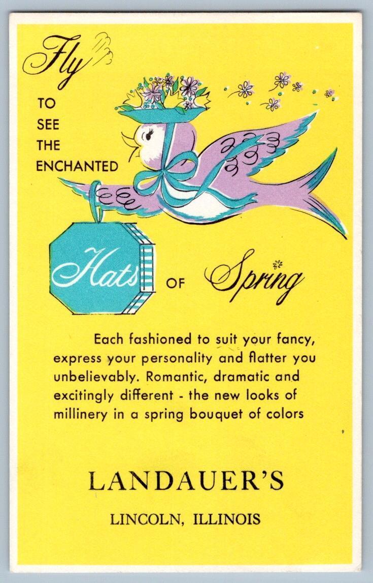1963 LINCOLN IL LANDAUER\'S CLOTHING DEPARTMENT STORE HAT ADVERTISING POSTCARD
