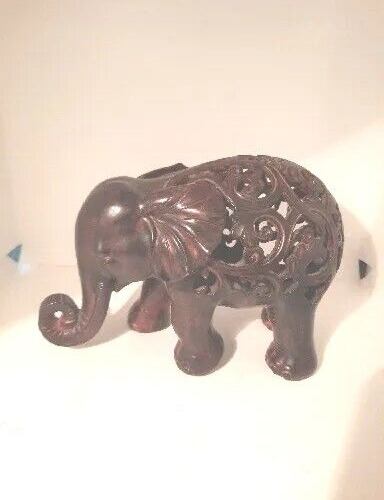 Vintage Indian Hand Carved Elephant Statue Floral Geometrical Design 9\