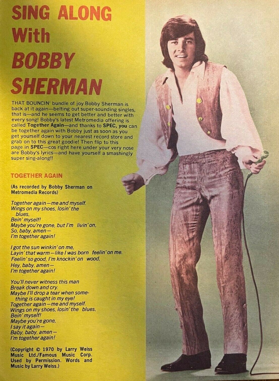 1972 Vintage Magazine Illustration Sing Along With Bobby Sherman