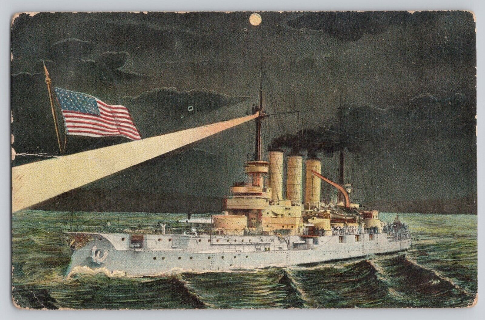 US Battleship Nighttime View Spotlight Moonlight Great White Fleet Era Postcard