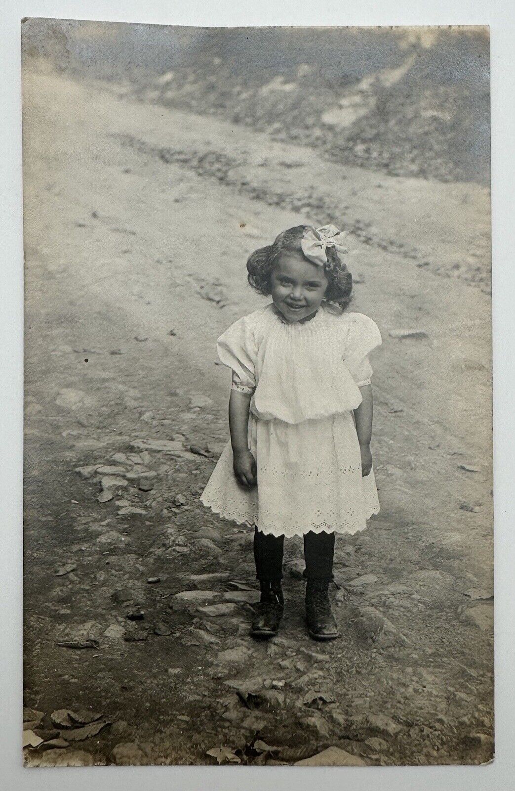 Antique Postcard RPPC Little Girl White Dress Outside c. 1920 Unposted Divided