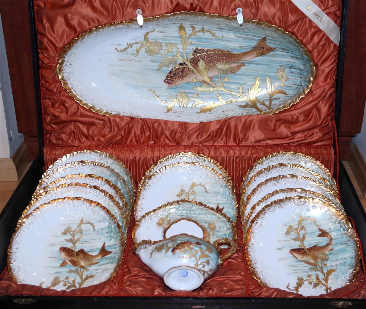 Antique Rare French Limoges Hand Painted Raised Gold Porcelain Fish Set w/Box