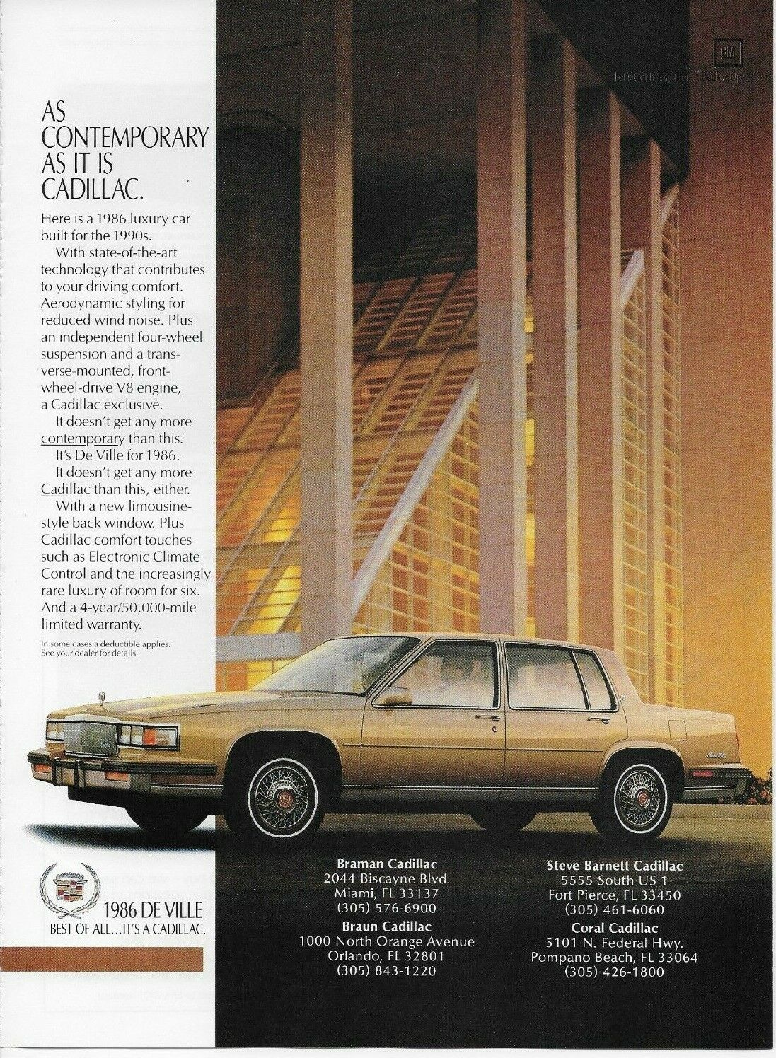 1985 1986 Cadillac De Ville Gold Sedan Auto Car Original Vintage Poster Print Ad