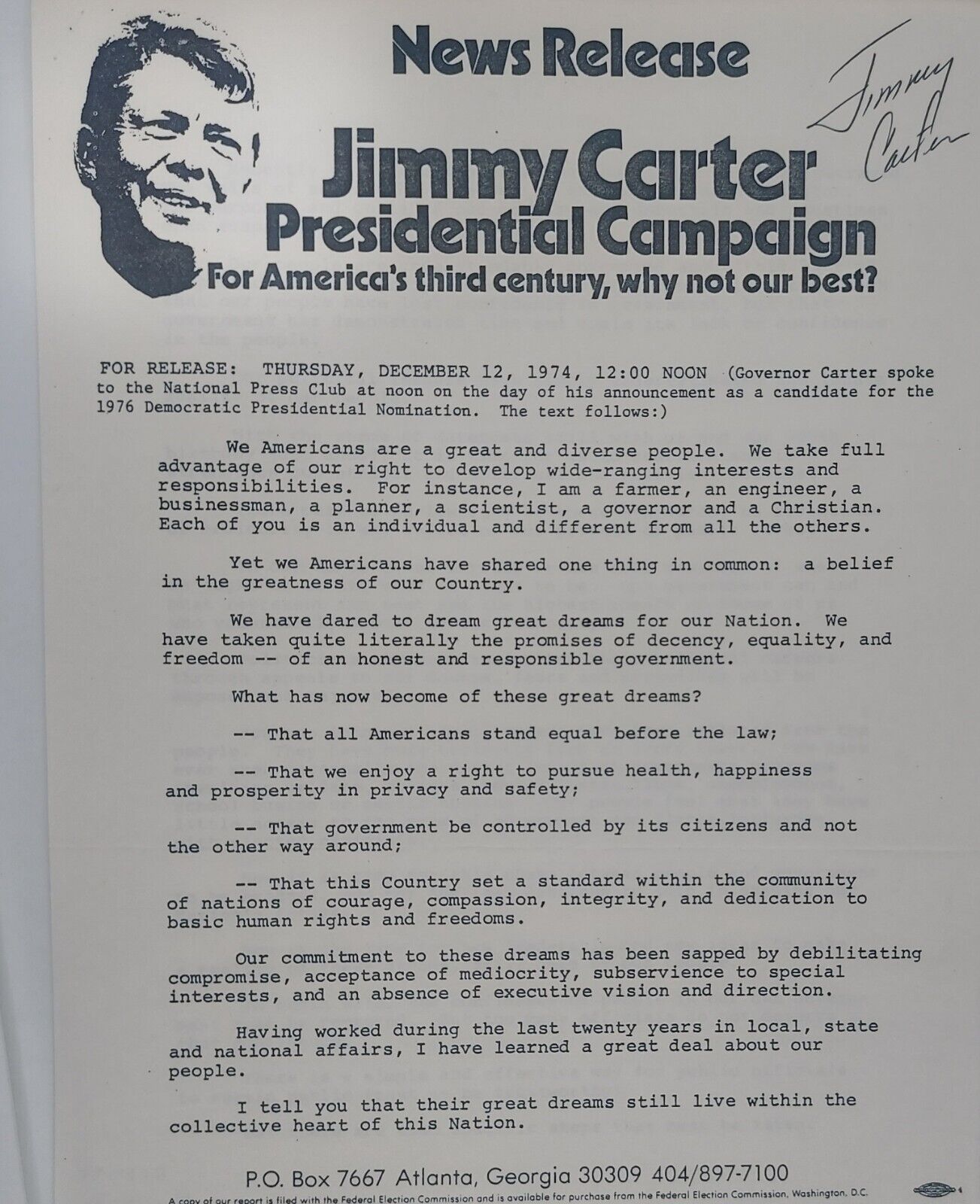 Jimmy Carter Presidential Announcement Speech Signed Twice