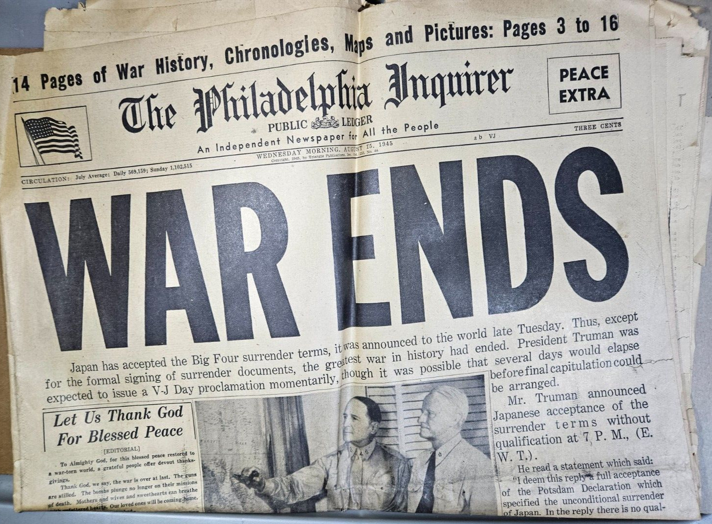 Philadelphia Inquirer HEADLINES from AUGUST 15th 1945 WAR ENDS